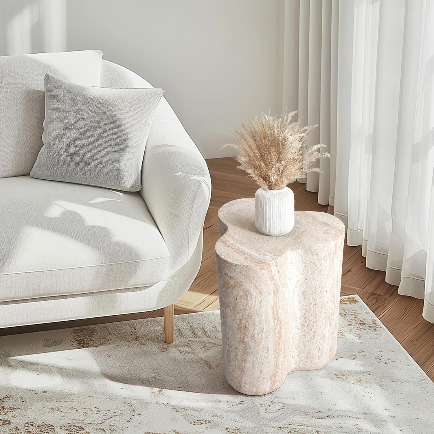 Empire Art Direct Clover Travertine Stone Finish Italian Design MgO Side Accent Table, Living Room, Bedroom & Office, 14.4'x13.8'x17.8'