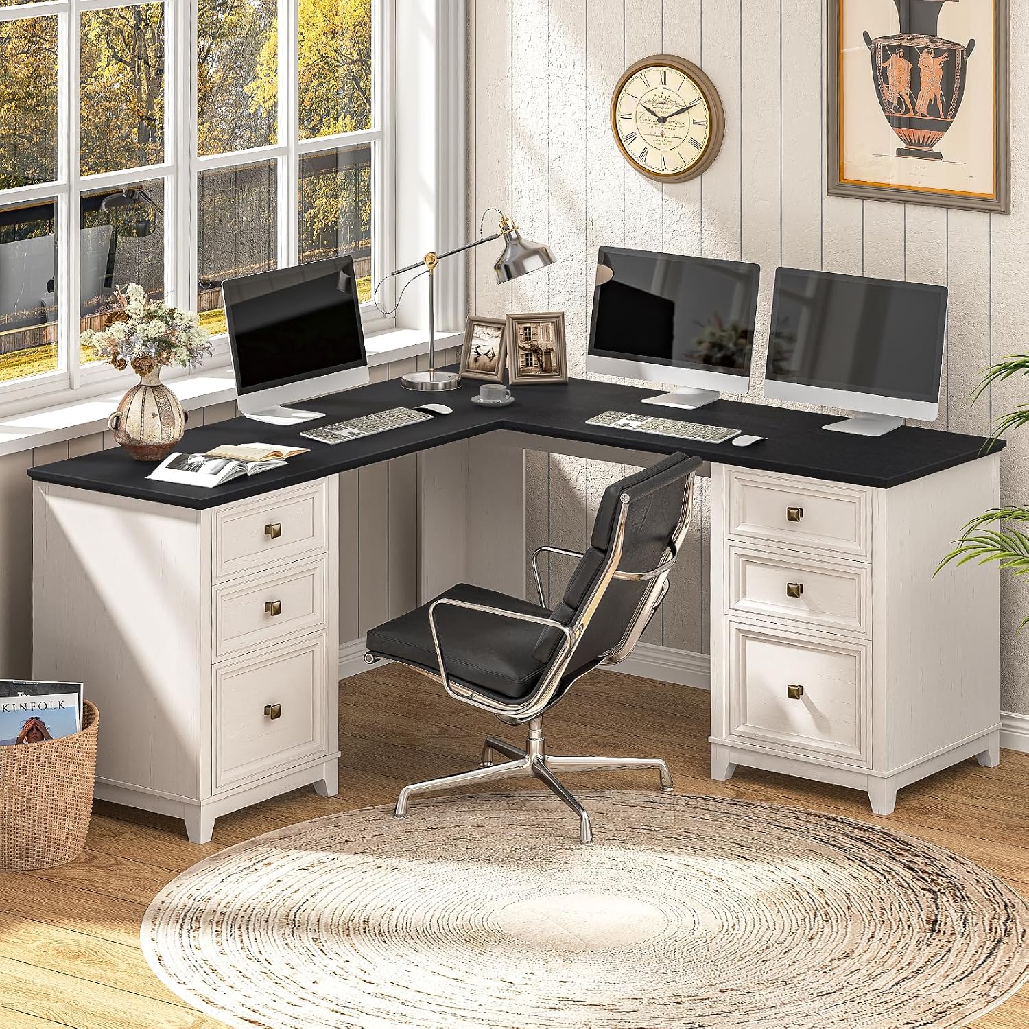 Vabches Farmhouse L Shaped Executive Desk with 6 Drawers, 59'' Wood Home Office Desk with File Cabinet, Writing Corner Computer Desk for Home Office, Work, Study, White and Black
