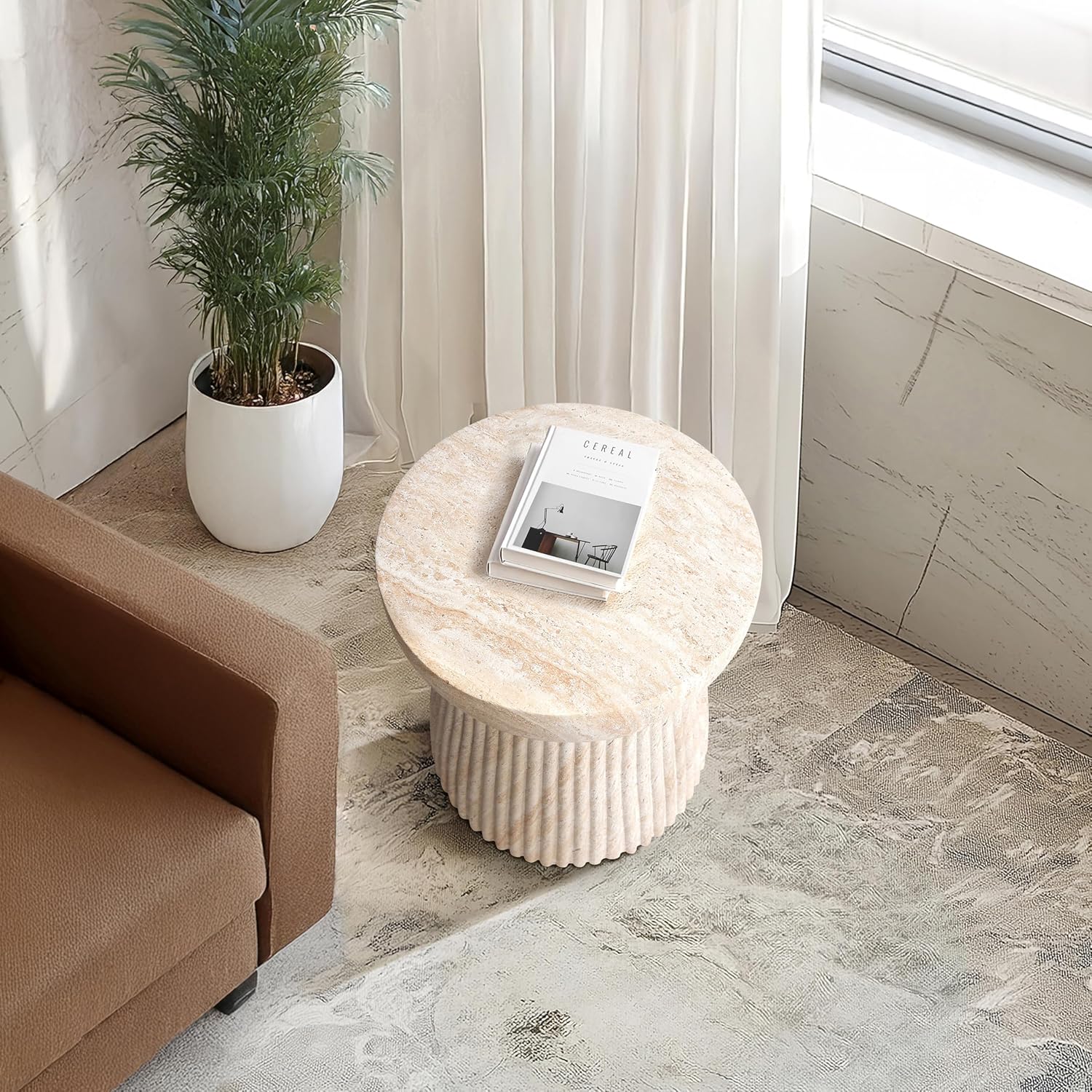 Empire Art Direct Fluted Travertine Stone Finish Italian Design MgO Side Accent Table, Living Room, Bedroom & Office, 14.6'x14.6'x17'