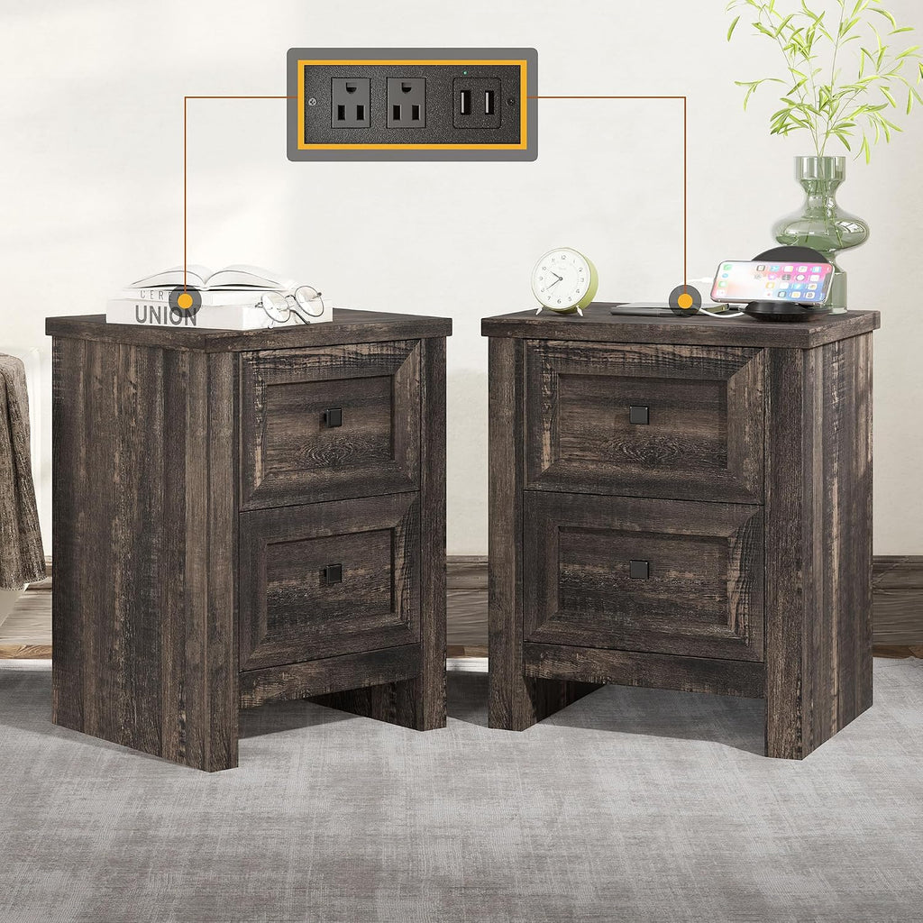 AMERLIFE Nightstand Set of 2 with Charging Station, Rustic Bedside Table with Drawers Storage, Farmhouse Wood Night Stand for Bedroom, Dark Oak