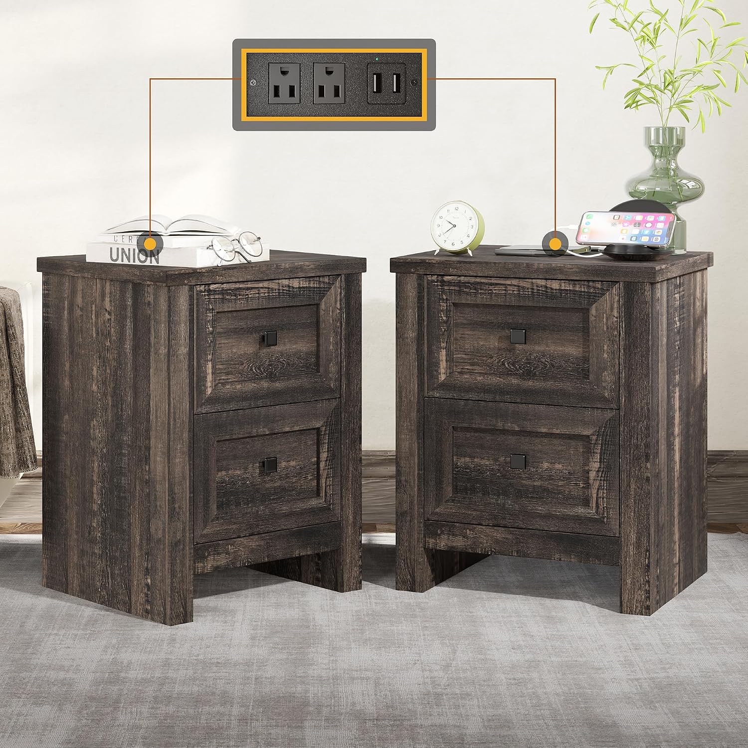 AMERLIFE Nightstand Set of 2 with Charging Station, Rustic Bedside Table with Drawers Storage, Farmhouse Wood Night Stand for Bedroom, Dark Oak