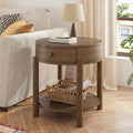 Solid Wood 24' Round End Table with Drawer, 2-Tier Small Sofa Side Table with Open Storage Oak Wood Accent Corner Table Modern Nightstand with Shelf for Living Room Bedroom Office, Brown, 24x25.16in