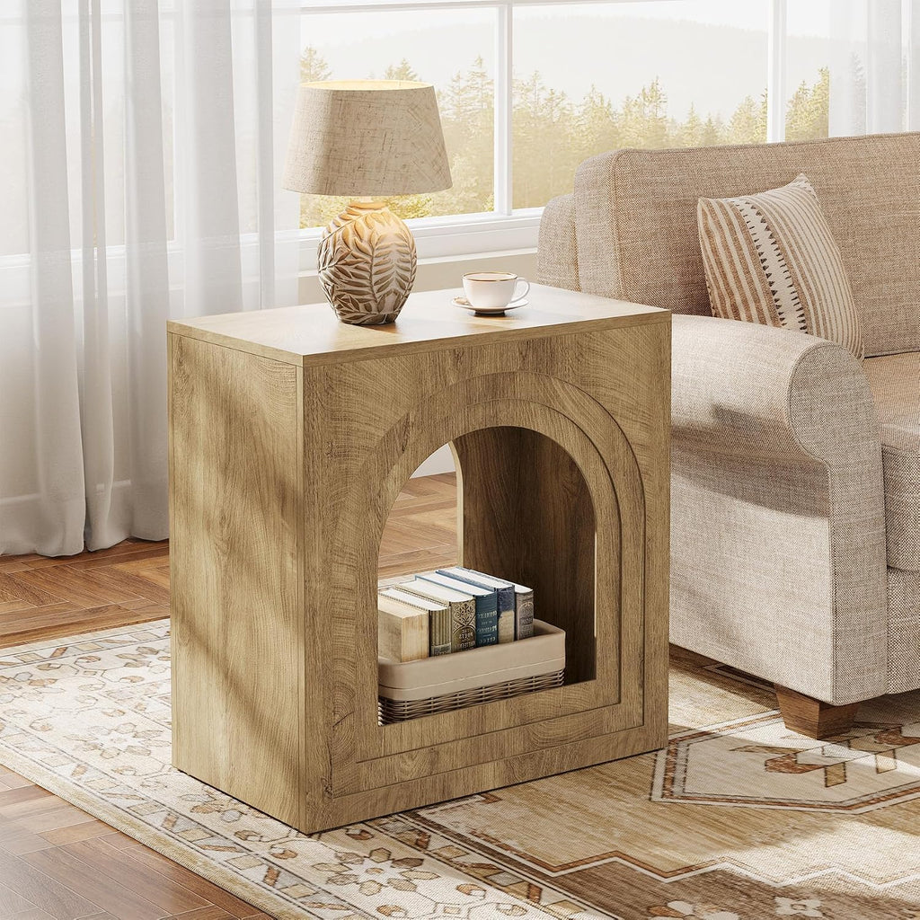 Tribesigns Square End Table, 2-Tier Farmhouse Side Table with Arched Open Shelf, Arched Narrow Nightstand for Small Spaces, Living Room, Bedroom, Natural (2)