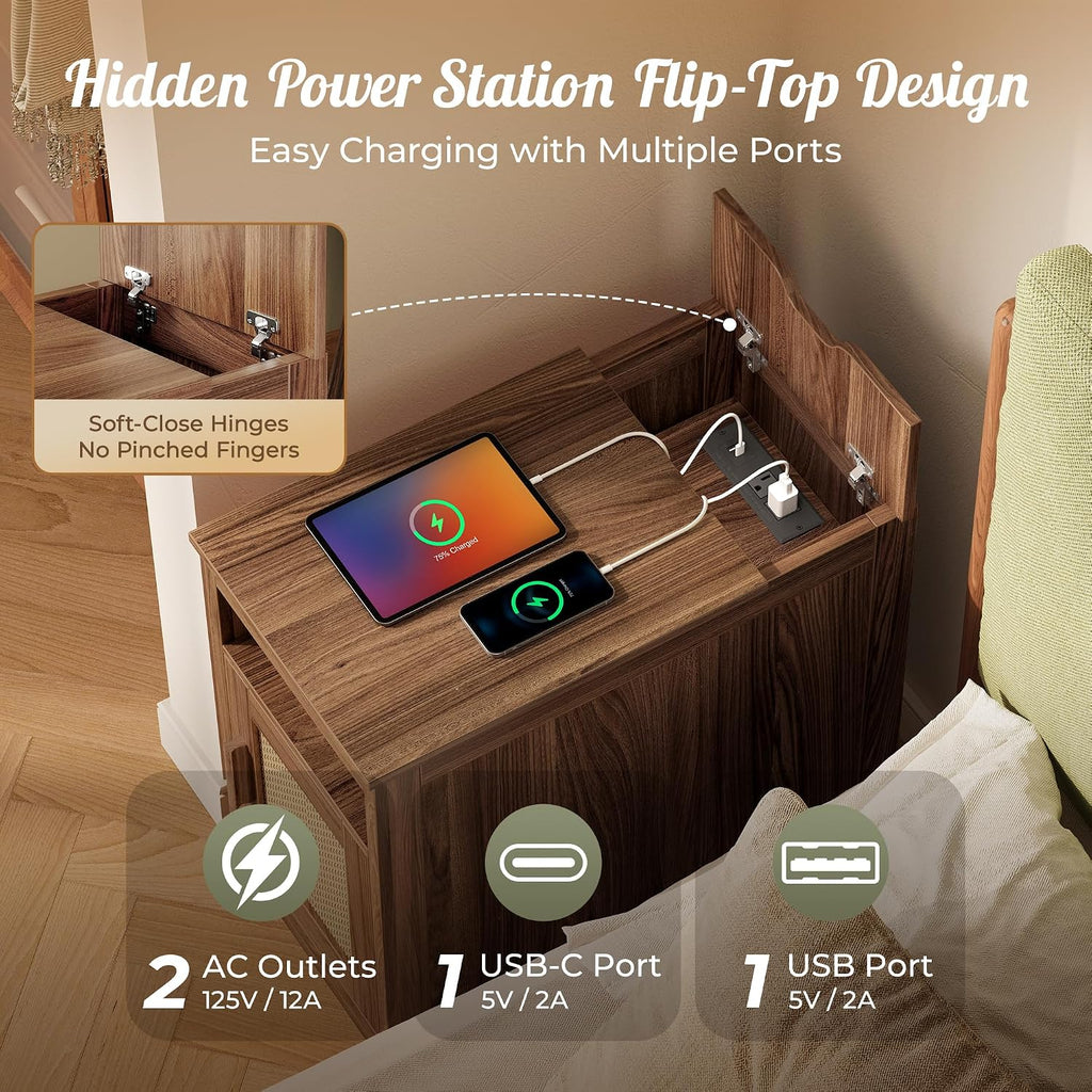 Huuger Narrow Night Stand Set of 2, End Table with Charging Station, USB-C Port, Rattan Side Table with Cabinet and Open Shelf, Synthetic Rattan, for Small Spaces, Bedroom, Walnut