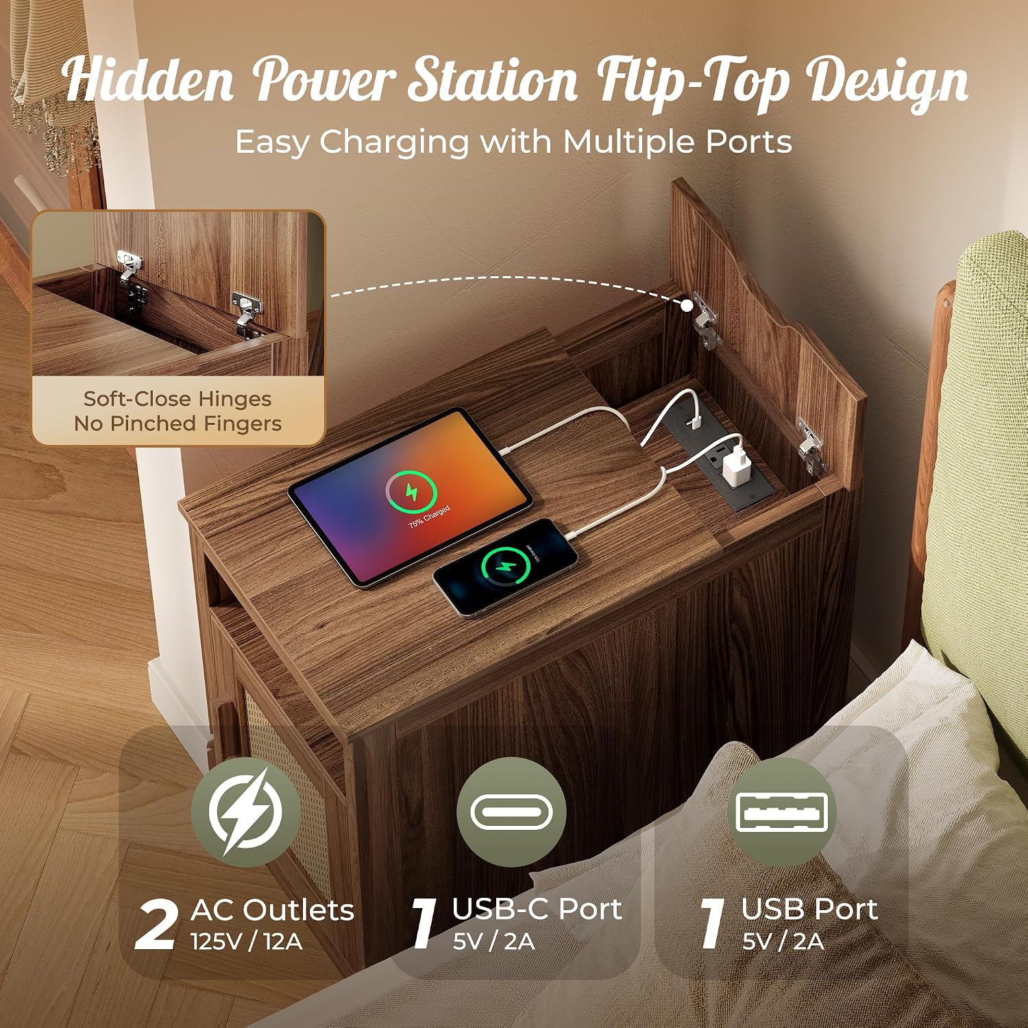 Huuger Narrow Night Stand Set of 2, End Table with Charging Station, USB-C Port, Rattan Side Table with Cabinet and Open Shelf, Synthetic Rattan, for Small Spaces, Bedroom, Walnut