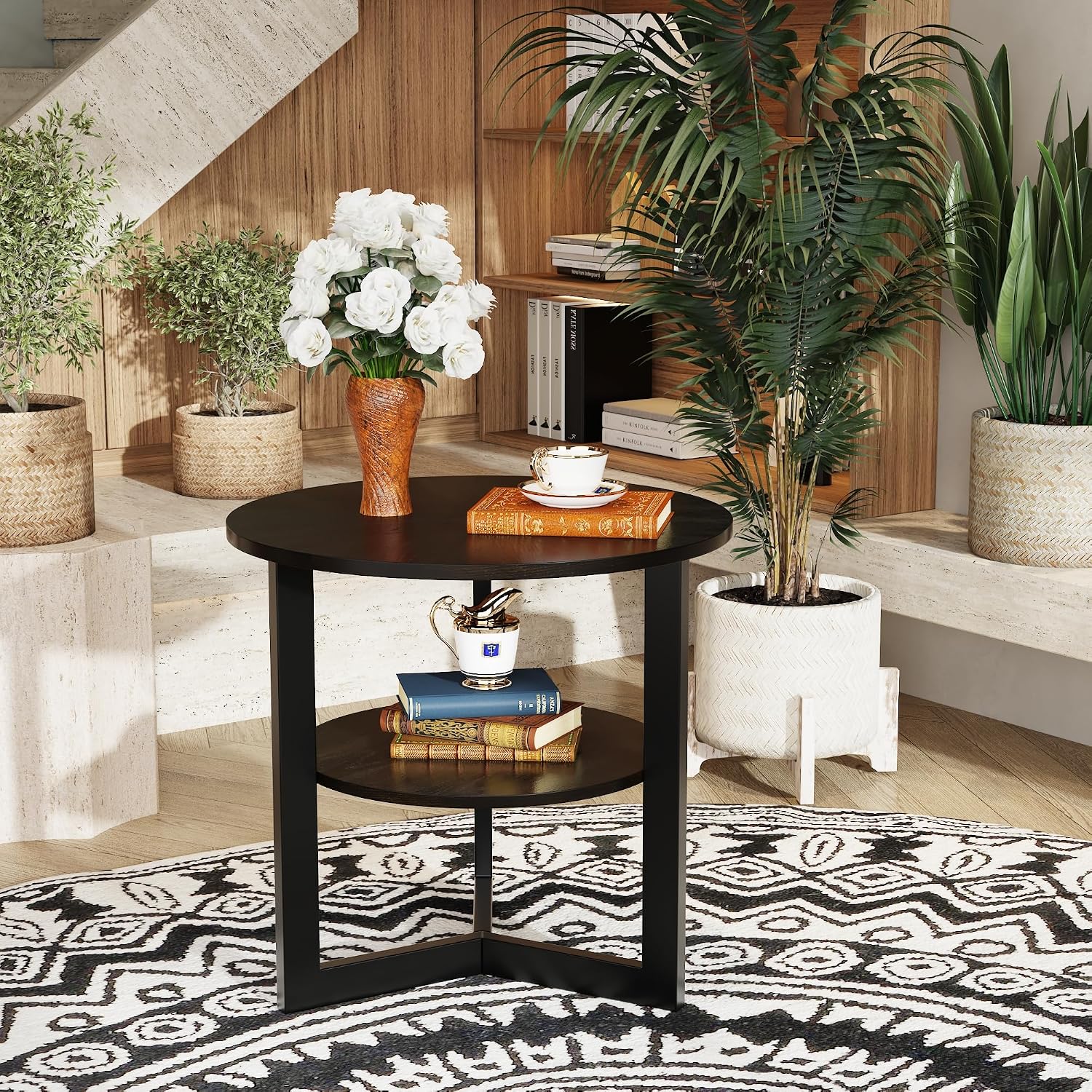 Large Round End Table with Storage Shelf, Rustic Circular Sofa Side Black Metal Legs, Solid Wood Nightstand, Telephone for Living Room, Bedroom, 25.2''D x 24''H Brushed CJZ1338BK
