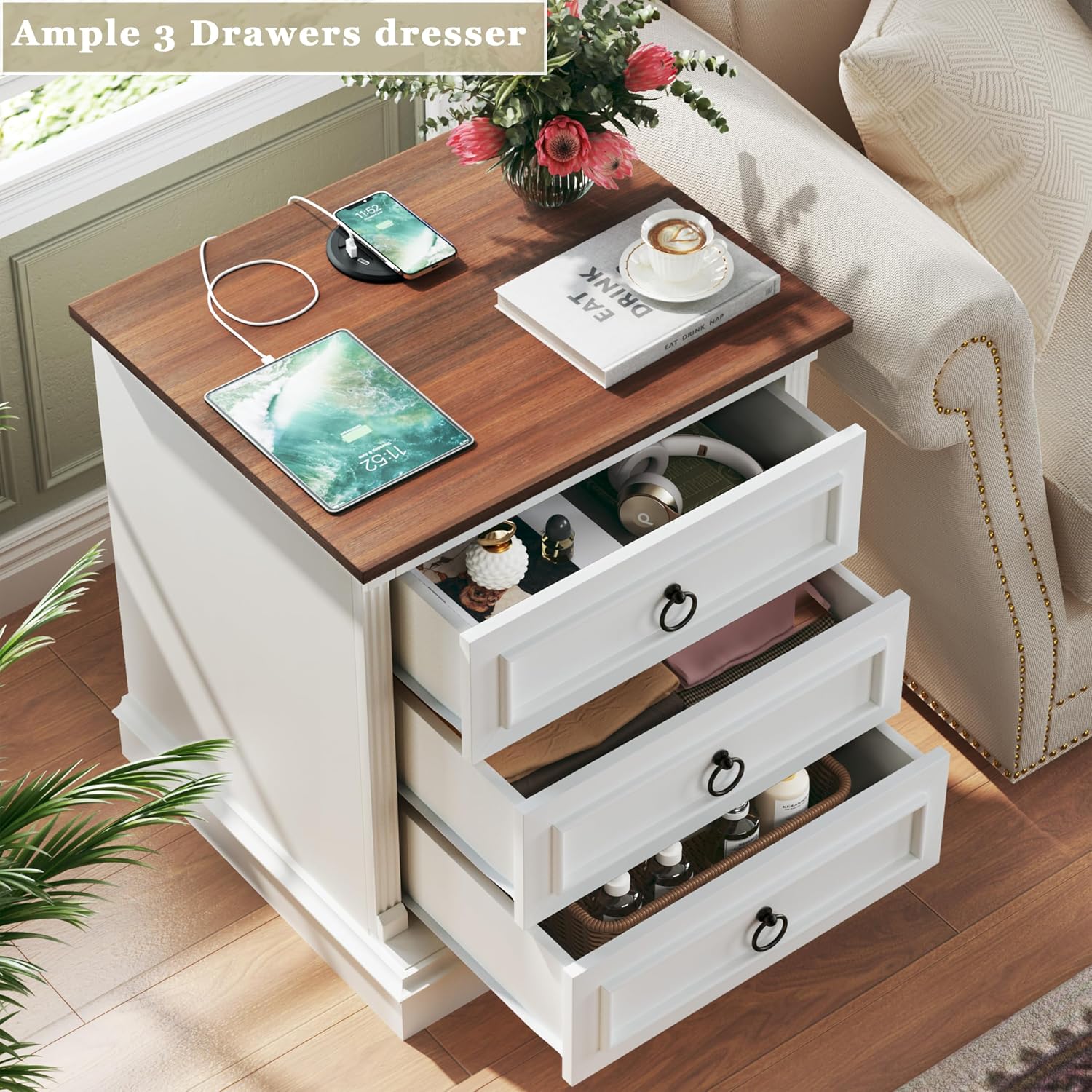 HUAHUU Farmhouse Nightstand Set of 2, Side Table with Wireless Charging Station, Wood Rustic End Table with Roman Column & Metal Handle for Bedroom, White