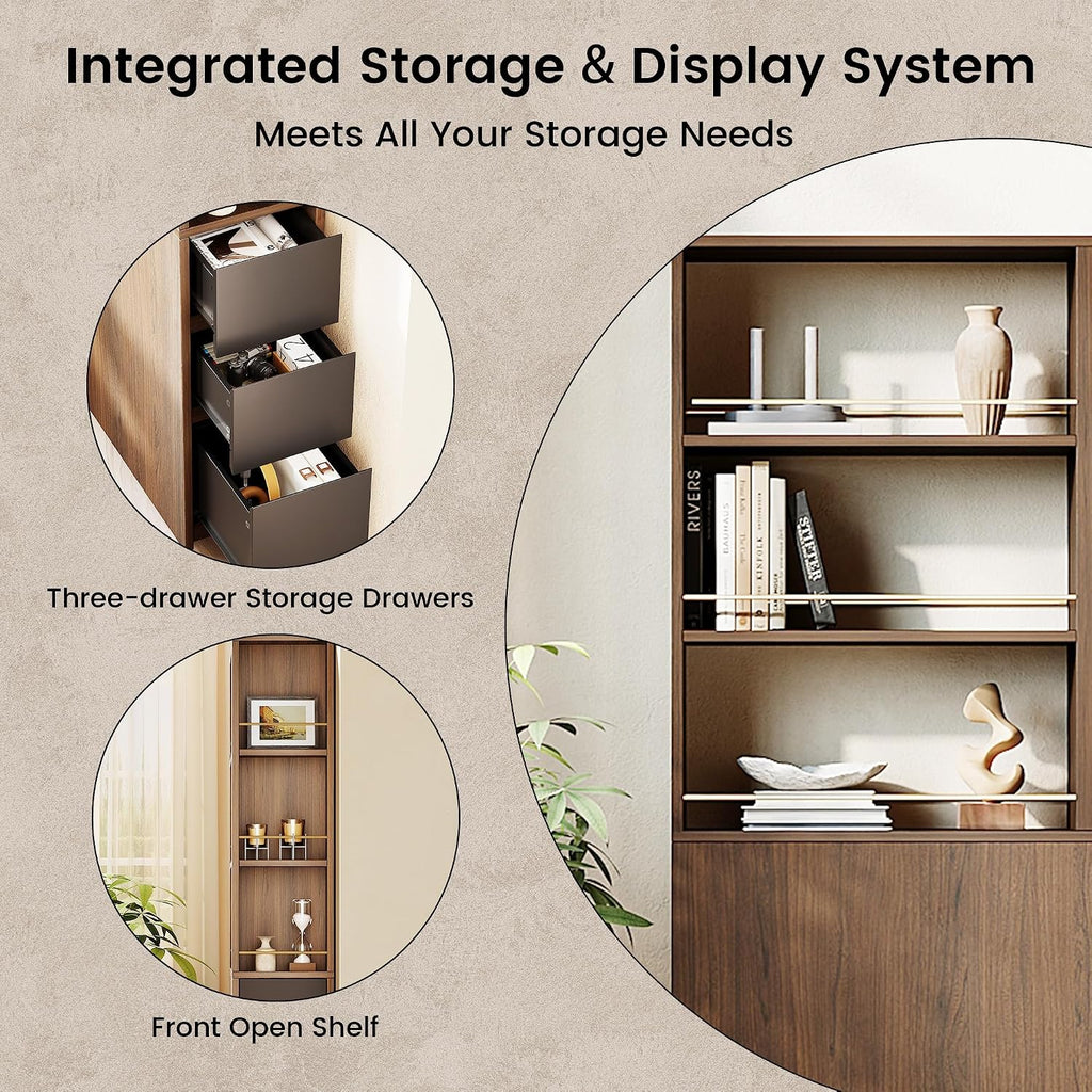ModernMate 71' Tall Corner Bookshelf with 3 Drawers, Narrow Bookcase | 3-Tier Double-Sided Slim Bookcase for Small Space, Display Storage Shelves for Living Room, Home Office, Study, Black Walnut