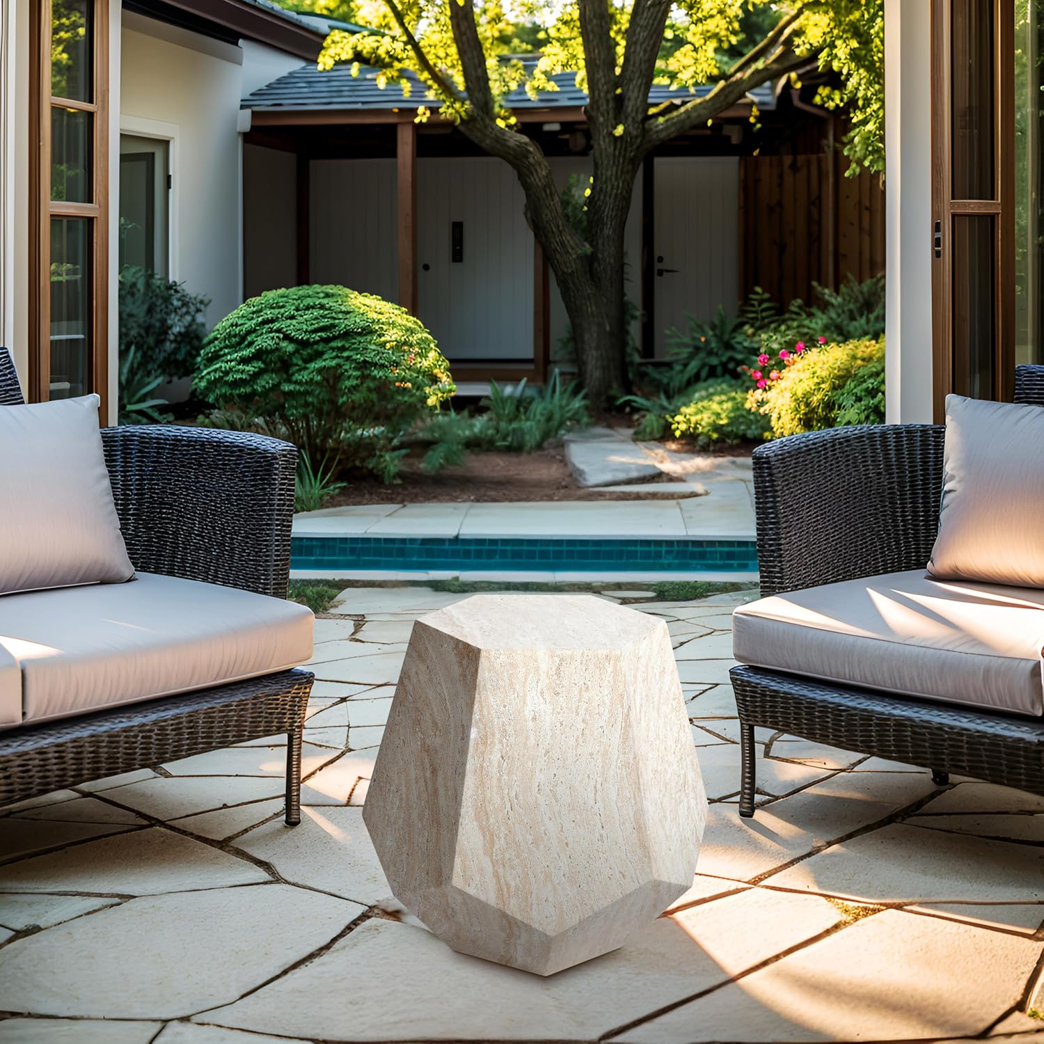 Empire Art Direct Geaometric Travertine Stone Finish Italian Design MgO Side Accent Table, Living Room, Bedroom & Office, 19.6'x19.6'x18.9'