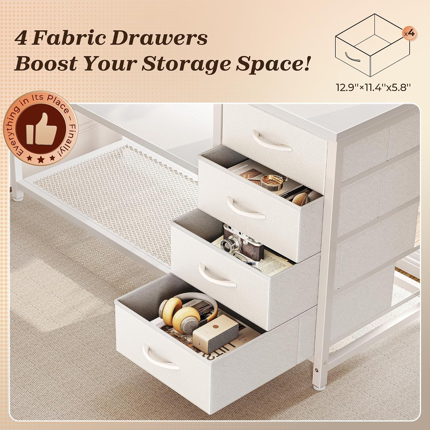 PRAISUN 61' L Shaped Desk with Power Outlets & USB-C Port, Reversible Computer Corner Office Desk with 4 Fabric Drawers and 2 Storage Shelves, Large Desk for Gaming Writing Study, White