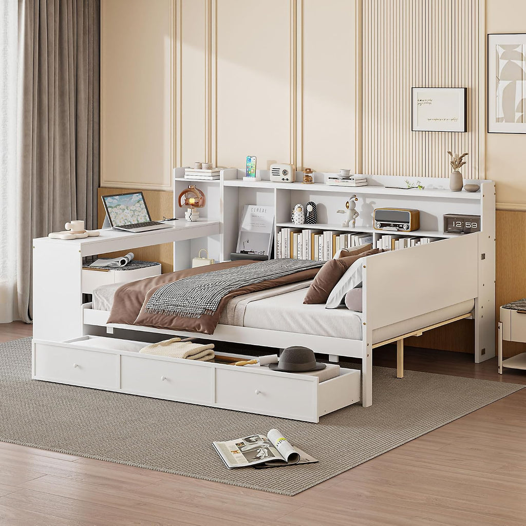 SOFTSEA Full Size Daybed with Storage Drawers & Bokcase, Wood Daybed with Desk, Bookcase & USB Ports for Kids Teens Adults, L Shaped Bed Frame with Convertible Headboard for Bedroom Living Room, White