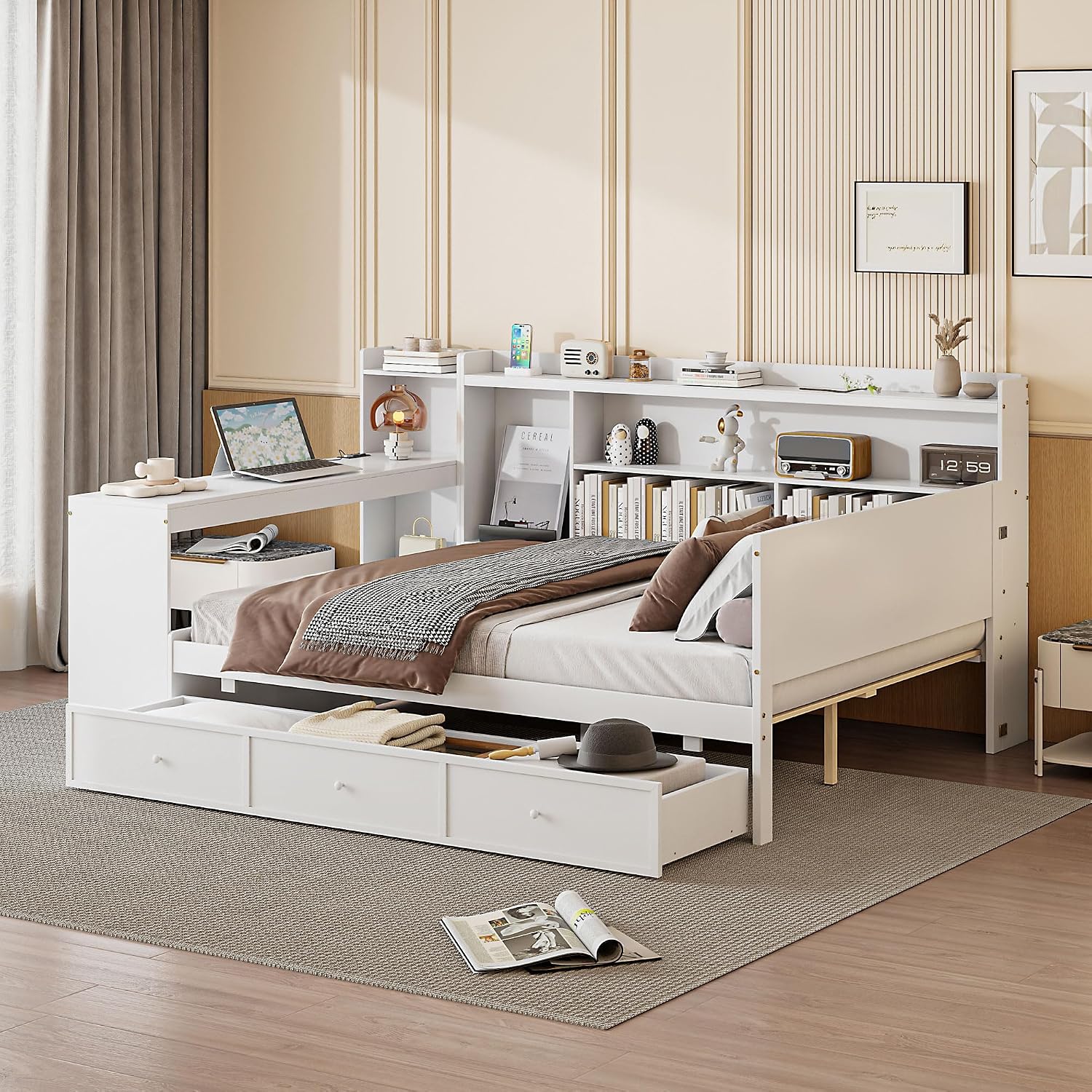 SOFTSEA Full Size Daybed with Storage Drawers & Bokcase, Wood Daybed with Desk, Bookcase & USB Ports for Kids Teens Adults, L Shaped Bed Frame with Convertible Headboard for Bedroom Living Room, White