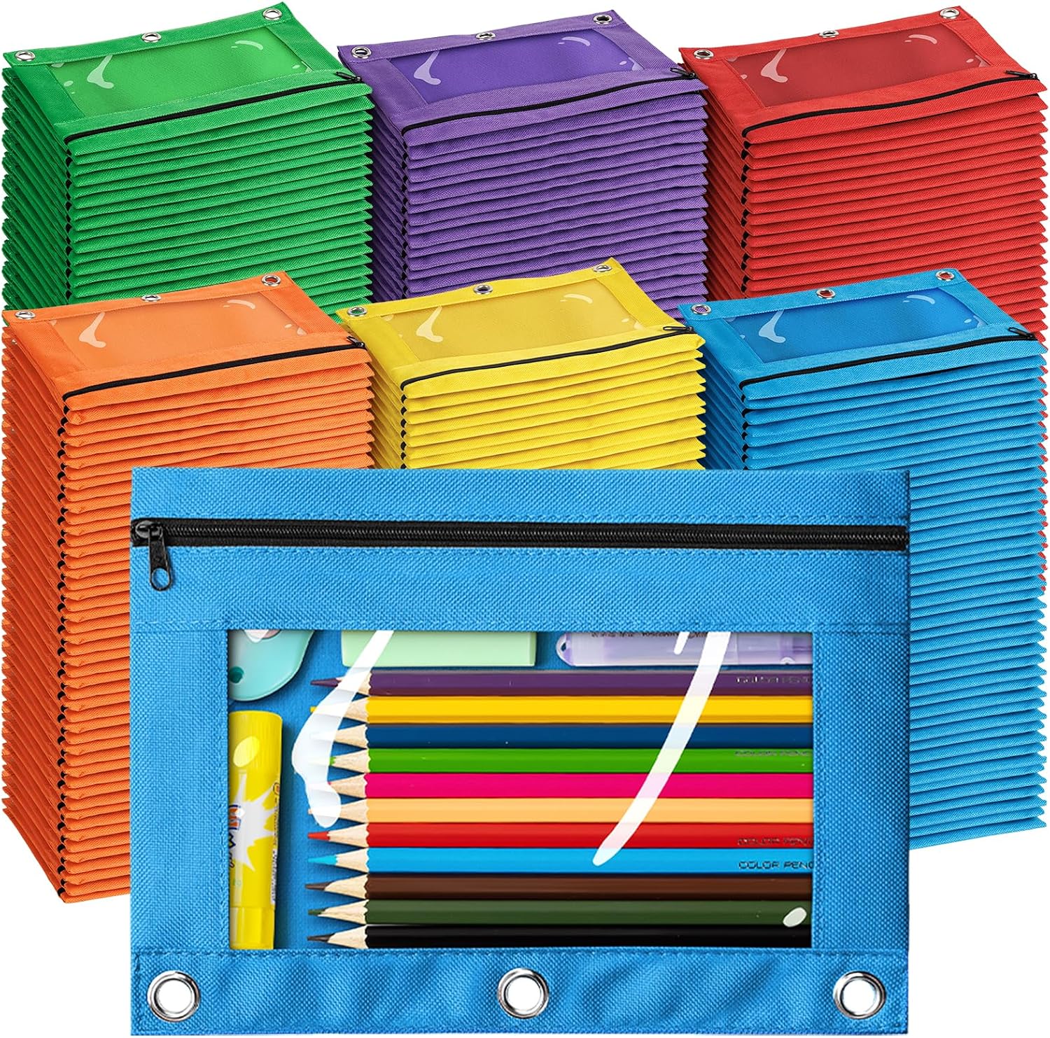 Pencil Pouch for 3 Ring Binder, Bulk 288 Pack 3-Holes Zipper Pencil Pouches in Assorted Colors, Sturdy and Durable Cloth Pencil Holder with Clear Window for Office School College Supplies