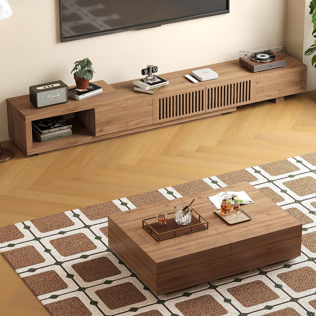 Mid-Century Modern Expandable Coffee Table & TV Stand Set, Walnut Finish – Elegant Storage Combo for Living Room, Bedroom, or Lounge (78.54' to 103' TV Stand+Coffee Table)
