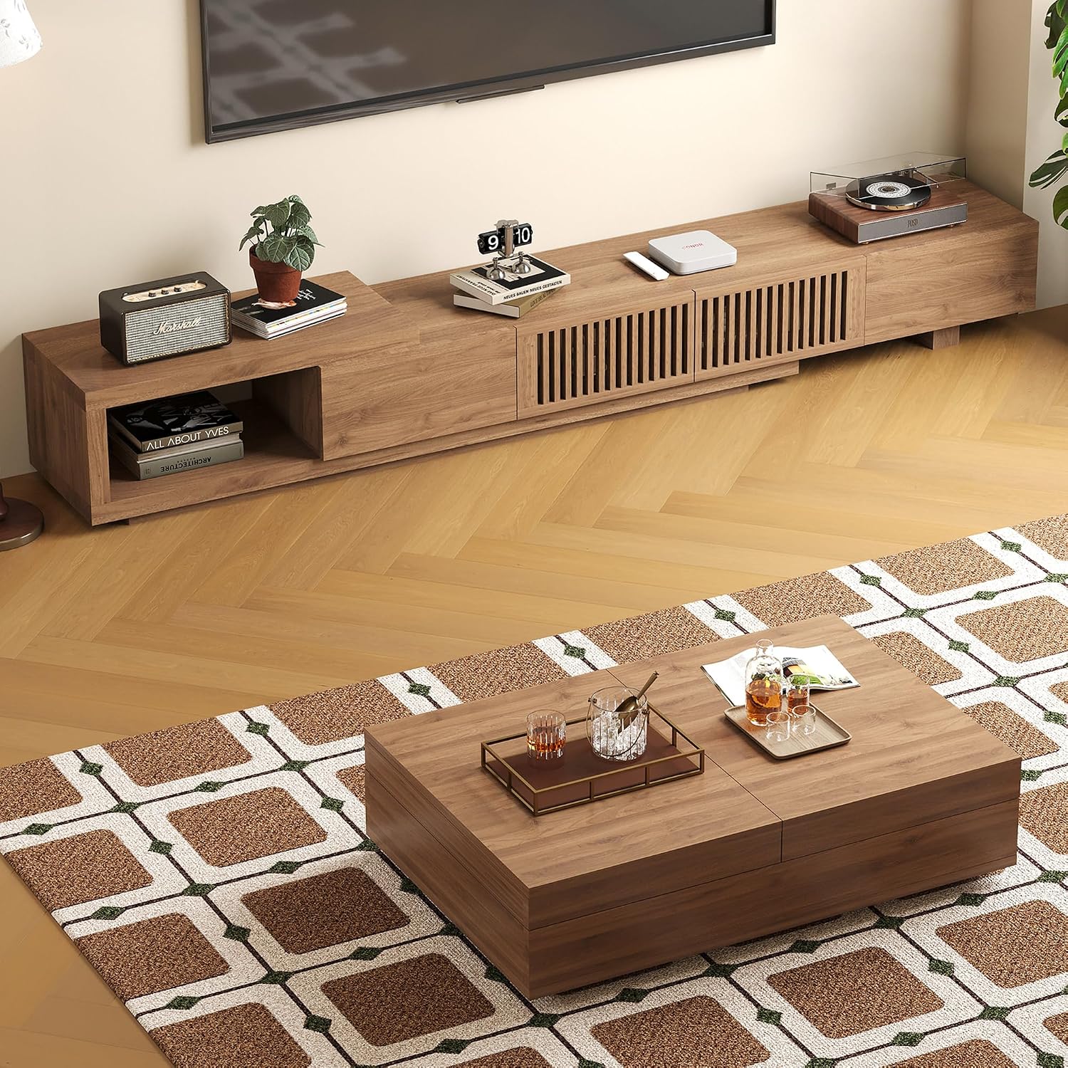 Mid-Century Modern Expandable Coffee Table & TV Stand Set, Walnut Finish – Elegant Storage Combo for Living Room, Bedroom, or Lounge (78.54' to 103' TV Stand+Coffee Table)
