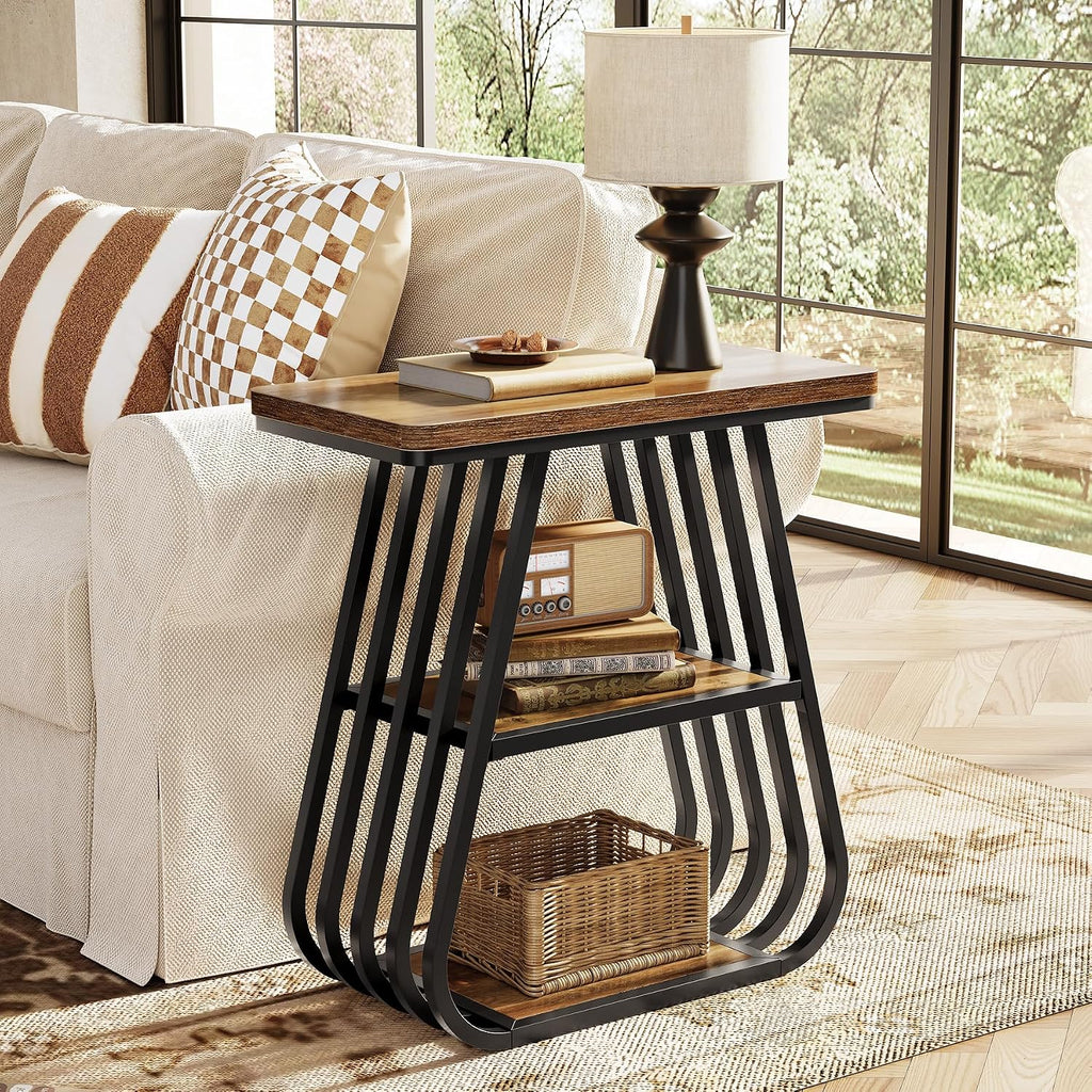 LITTLE TREE End Table for Living Room, 3-Tier Side Table for Small Spaces, Industrial Narrow Side Table with Storage Shelf in Oak Brown and Black (Set of 2)