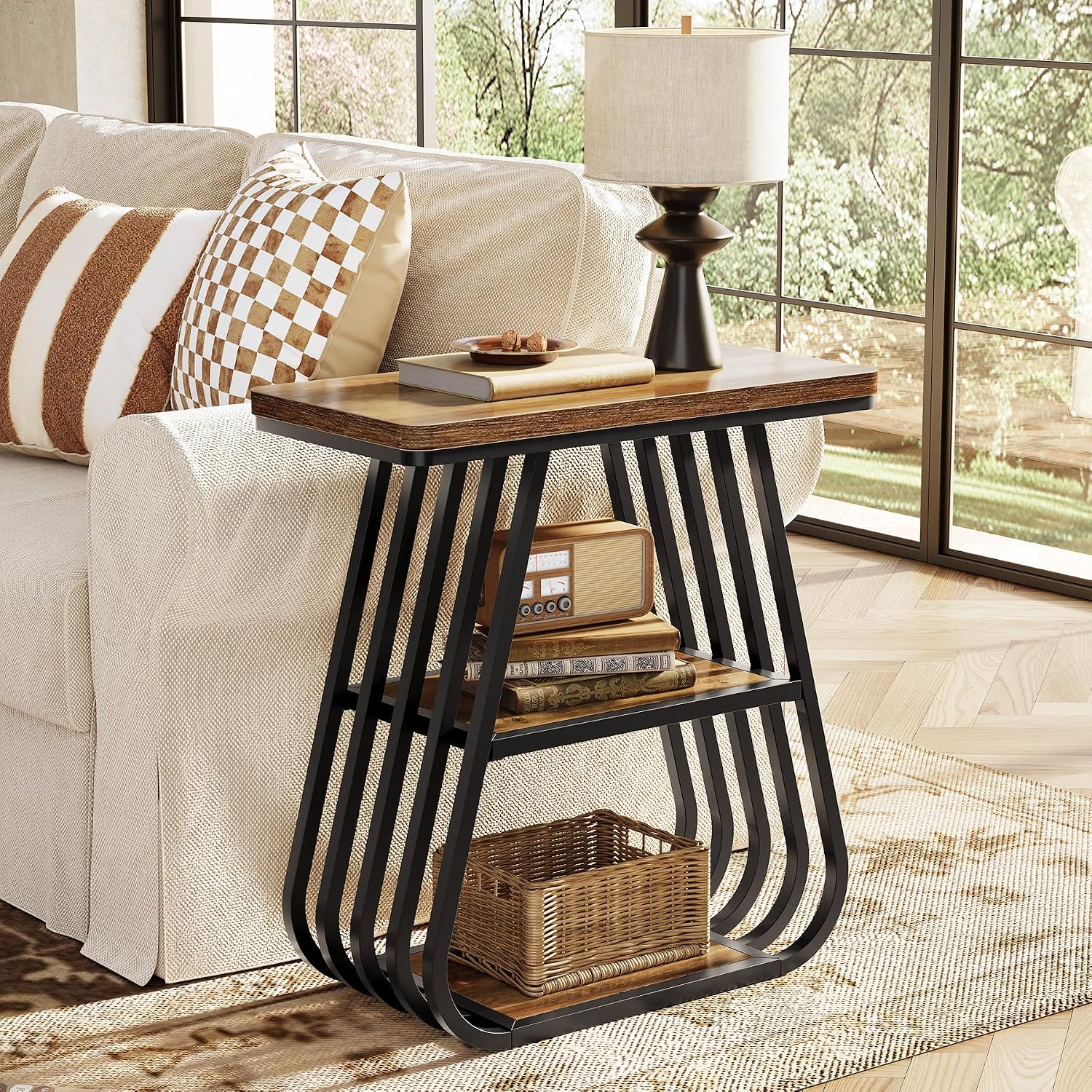 LITTLE TREE End Table for Living Room, 3-Tier Side Table for Small Spaces, Industrial Narrow Side Table with Storage Shelf in Oak Brown and Black (Set of 2)