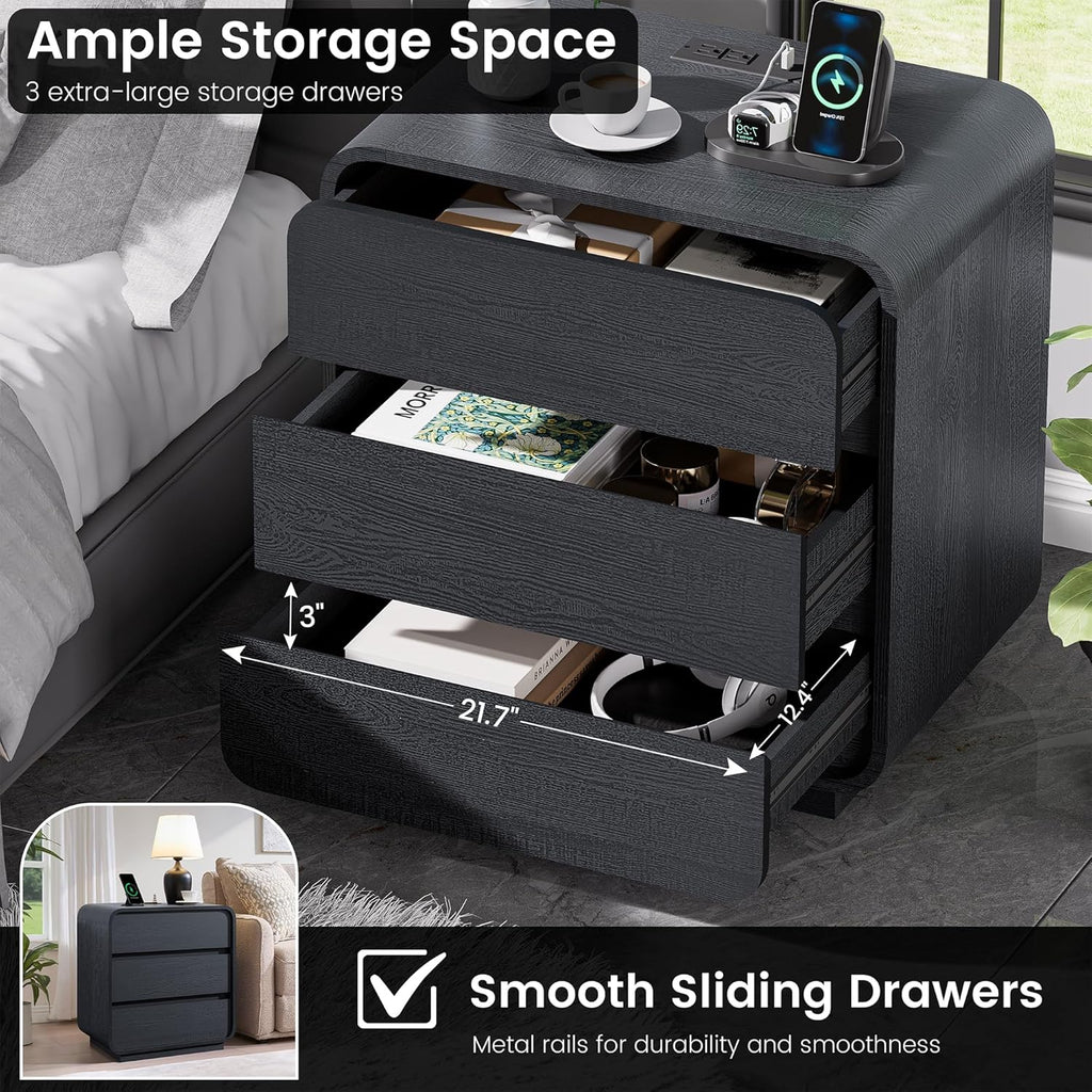 Standifurno Black Curved Night Stand Set of 2 with Charging Station, 25' Tall Wood Bedside Table Nightstand with 3 Storage Drawers, Mid Century Modern End Table for Bedroom, Office