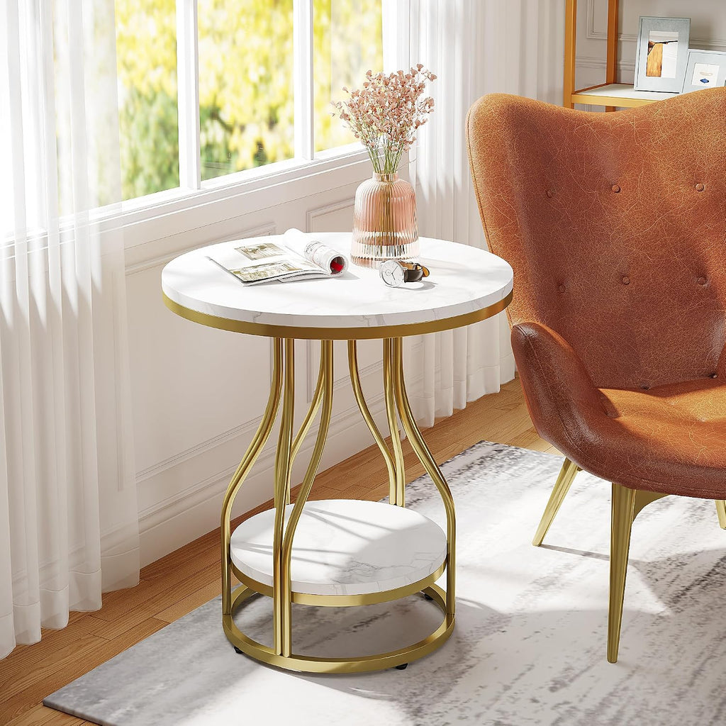 Tribesigns Round Side Table White Gold End Table Set of 2, 2-Tier End Table Modern Bedside Table Small Side Table with Storage Sofa Side Table with Metal Frame for Living Room