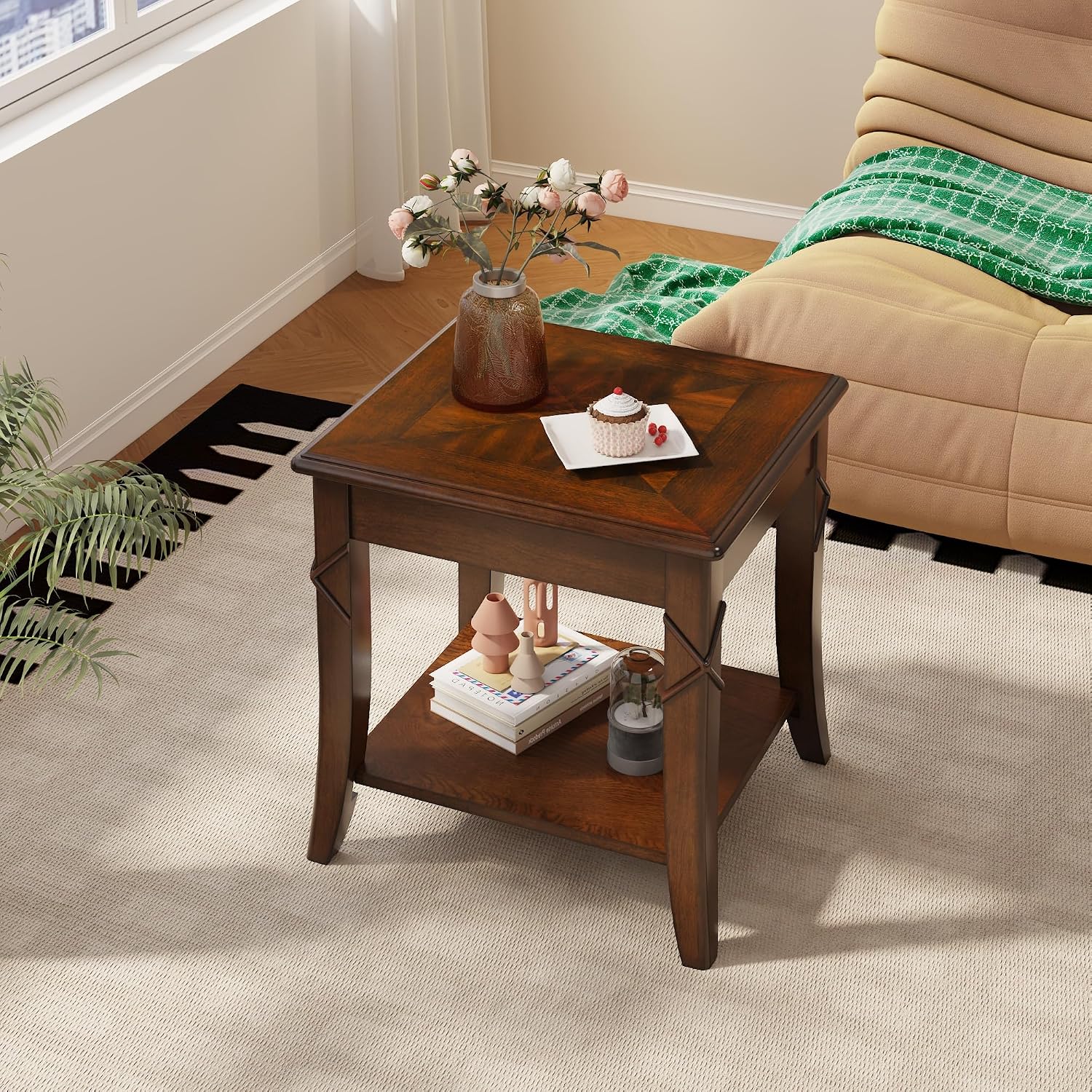 Solid Wood End Table with Storage Shelf, Vintage Rectangle Sofa Side Table with Splicing Tabletop and Carved Leg, BesideTelephone Table Cherry Brown,19.7 * 17.7 * 19.7in CJZ-DR200