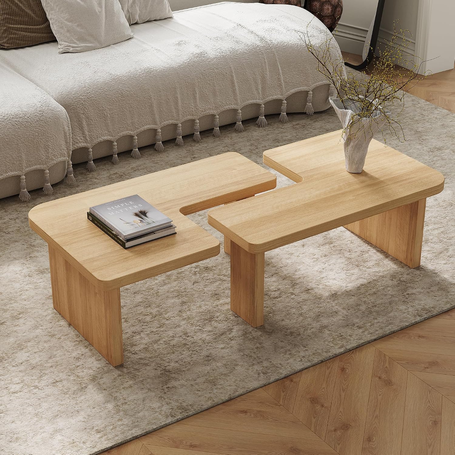 Modular Modern Coffee Table for Living Room, Free Adjustable Shape, Minimalist Square Living Room Tea Table, Light Wood Nesting Table Set of 2