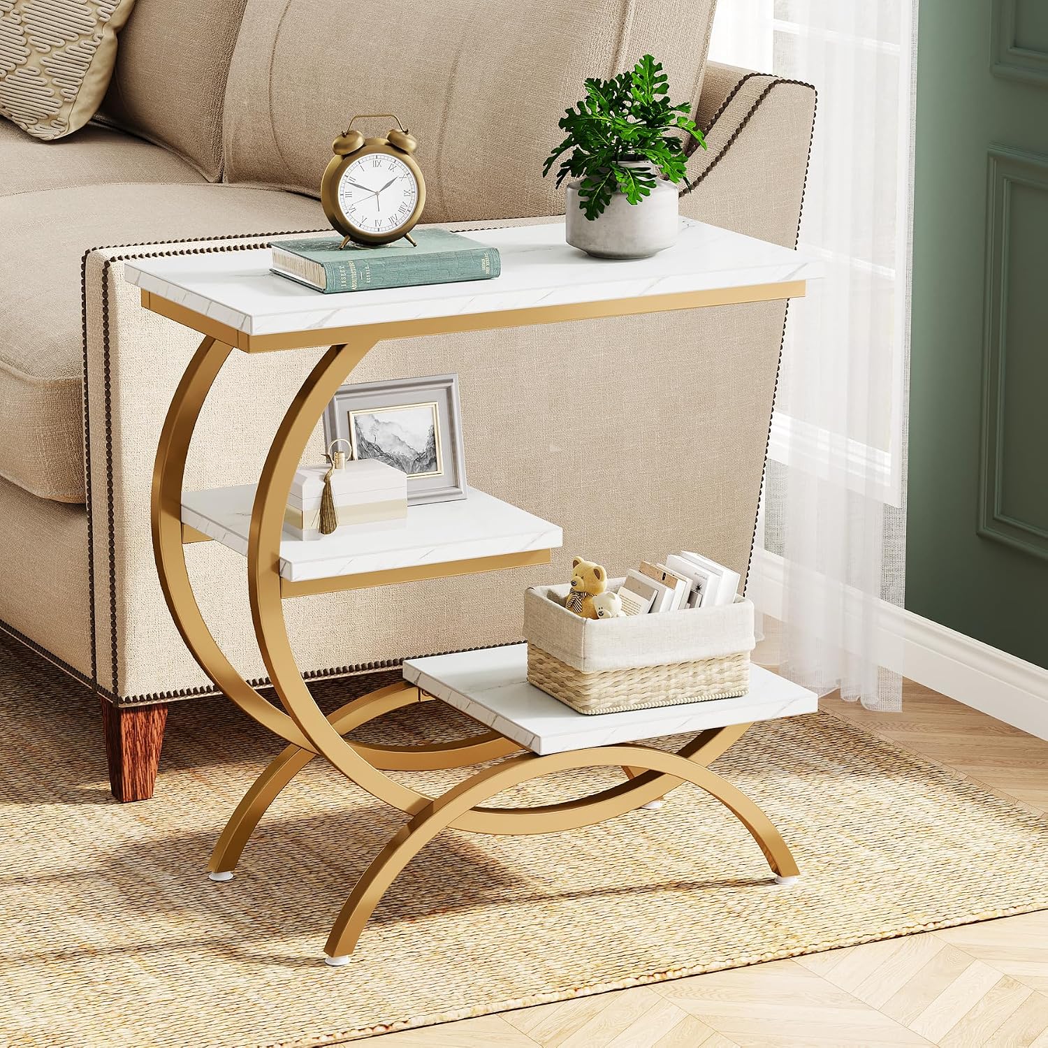 Tribesigns C-Shaped End Table Set of 2, Industrial 3-Tier Small Side Table for Couch, Wood Bedside Table Snack Side Table with Storage Shelves for Living Room Small Space, White Gold