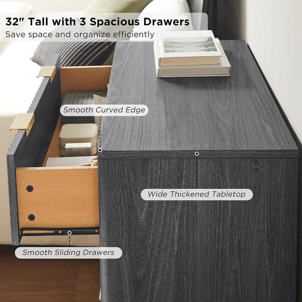 T4TREAM Fluted 3 Drawers Nightstand Set of 2, Oversized Extra Large Modern Side Table, End Table Bedside for Bedroom, Living Room, Curved Profile Design, Dark Alder