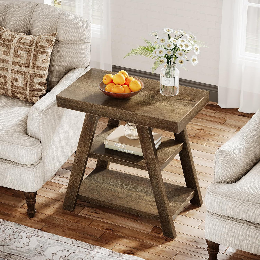 Tribesigns Set of 2 Rustic Side Table, 3-Tier Wooden End Table with Trapezoid Legs, Farmhouse Side Table for Couch, Vintage Bedside Nightstand for Bedroom, Living Room, Small Spaces, Distressed Brown