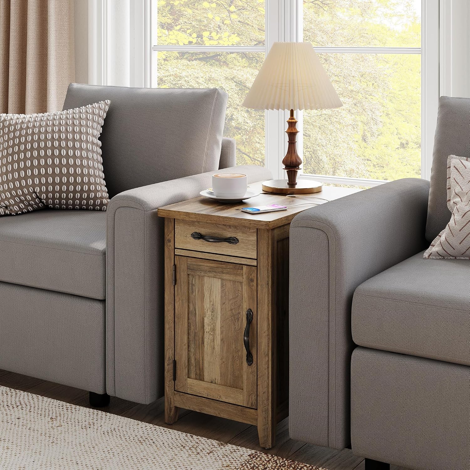 LINSY HOME End Table Set of 2 with Charging Station, Modern Farmhouse Sofa Couch Side Table, Wooden Bedside Table for Living Room Bedroom, Narrow Nightstand with Storage for Small Space, Brown
