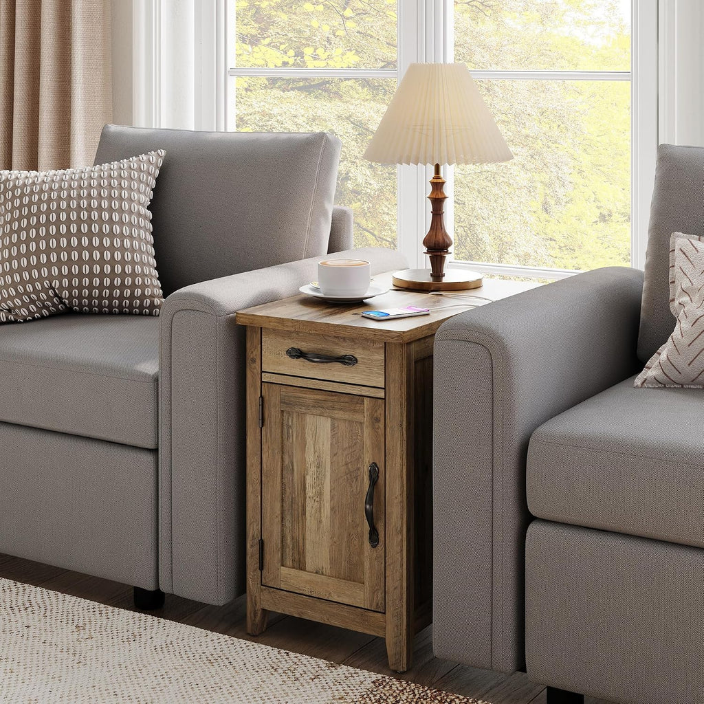 LINSY HOME Farmhouse End Table with Charging Station, Narrow Side Table for Living Room, Sofa Side Table with Drawer and Storage Cabinet, Small Nightstand for Home Office