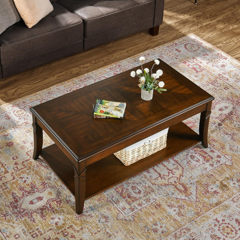 Solid Wood Coffee Table with Storage Shelf, Mid-Century Living Room Tables with Carved Tabletop and Leg, 43.3' Splicing Cocktail Center Sofa Table, Cherry Brown KFZ-DR200