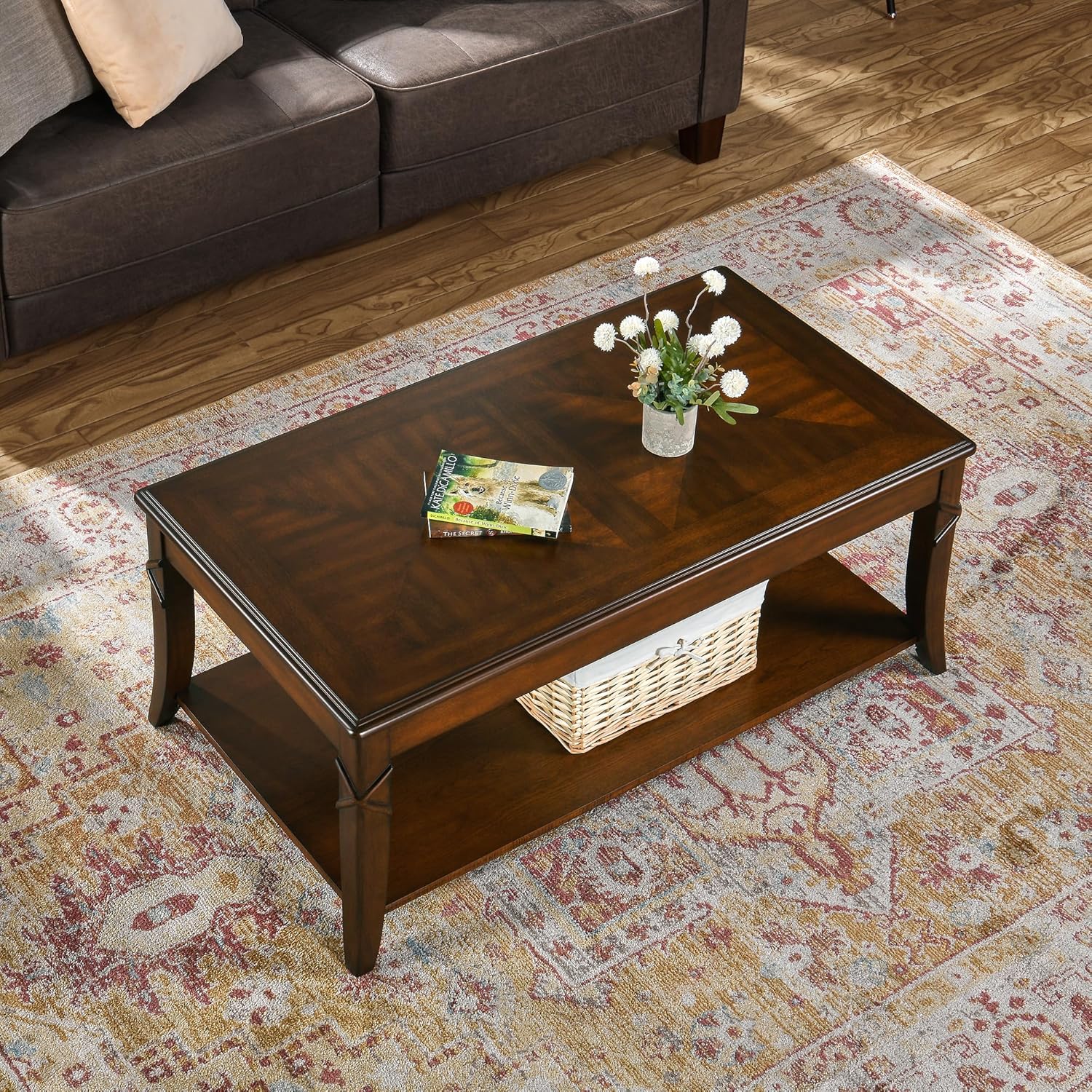 Solid Wood Coffee Table with Storage Shelf, Mid-Century Living Room Tables with Carved Tabletop and Leg, 43.3' Splicing Cocktail Center Sofa Table, Cherry Brown KFZ-DR200