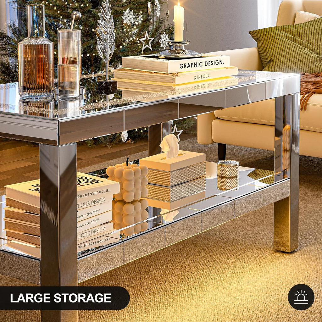 IKIFLY Mirrored 2 Tiers Coffee Table with LED, Rectangle Mirrored Coffee Table with Crushed Diamond and Stainless Steel Legs, Silver Living Room Table