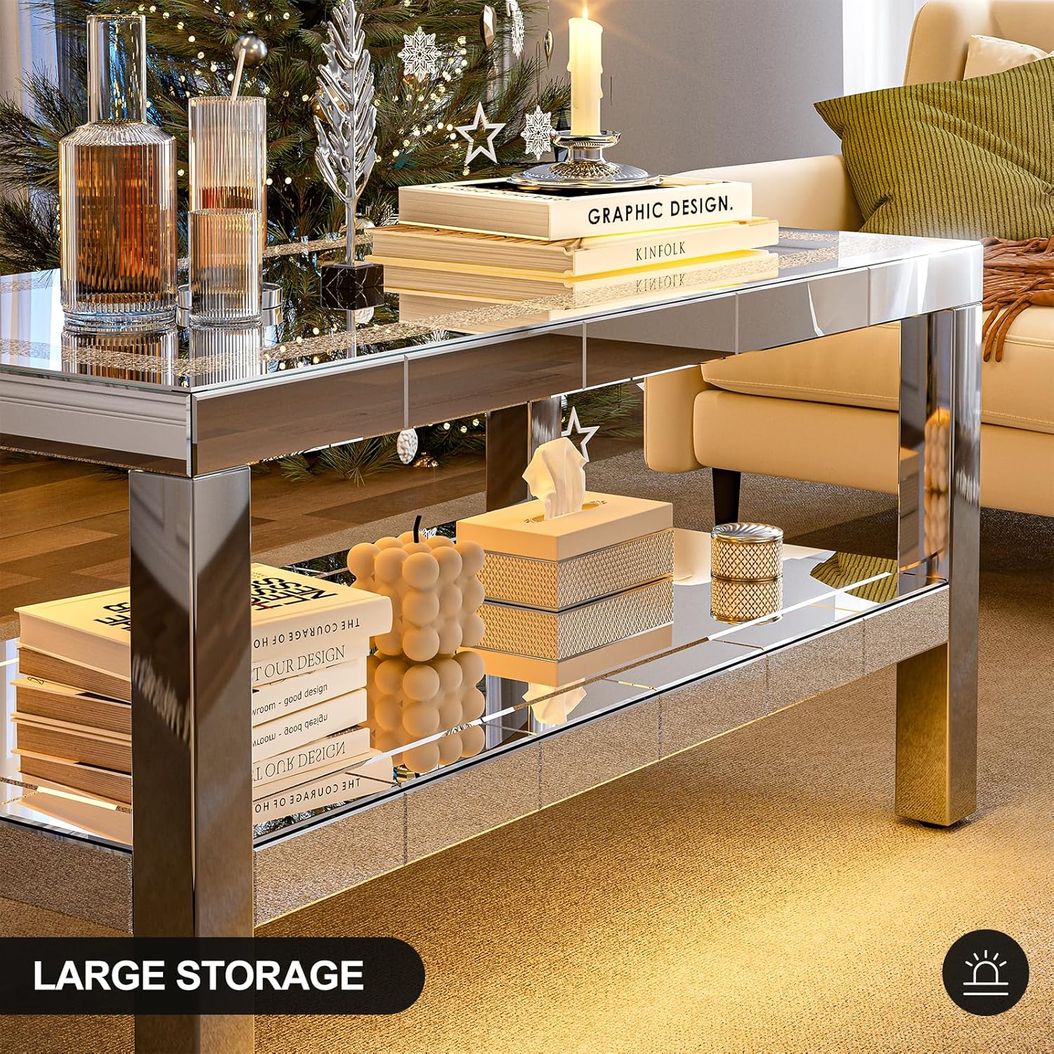 IKIFLY Mirrored 2 Tiers Coffee Table with LED, Rectangle Mirrored Coffee Table with Crushed Diamond and Stainless Steel Legs, Silver Living Room Table