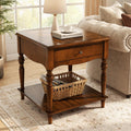 PADMA HOUSE Solid Wood End Table with Drawer & Storage Shelf, 24' H Square Sofa Side Table with Natural Wood Grain Tabletop, Apartment Bedside Table with Turned Legs for Home Office, 22.83 * 24in