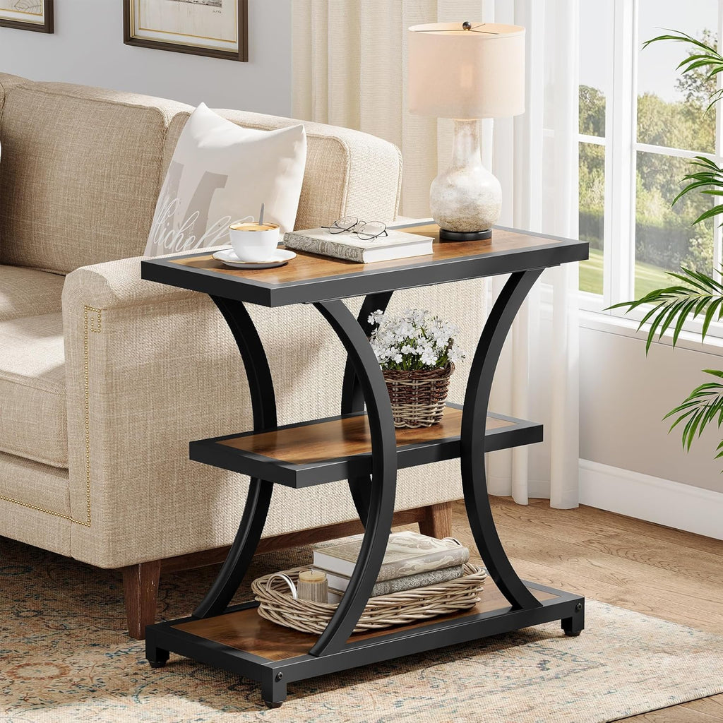 Tribesigns End Table Set of 2, 3-Tier Side Table with Geometric Metal Design, Industrial Nightstand for Small Spaces, Living Room, Bedroom, Study Room (Rustic Brown)