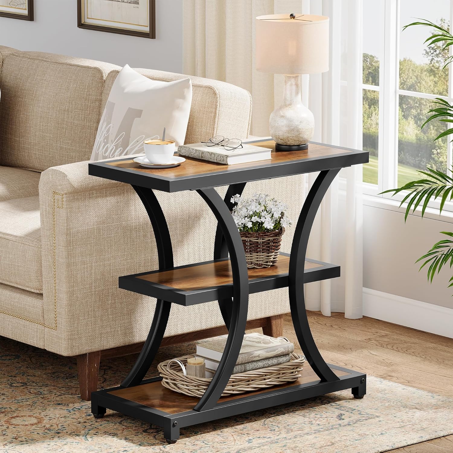 Tribesigns End Table Set of 2, 3-Tier Side Table with Geometric Metal Design, Industrial Nightstand for Small Spaces, Living Room, Bedroom, Study Room (Rustic Brown)