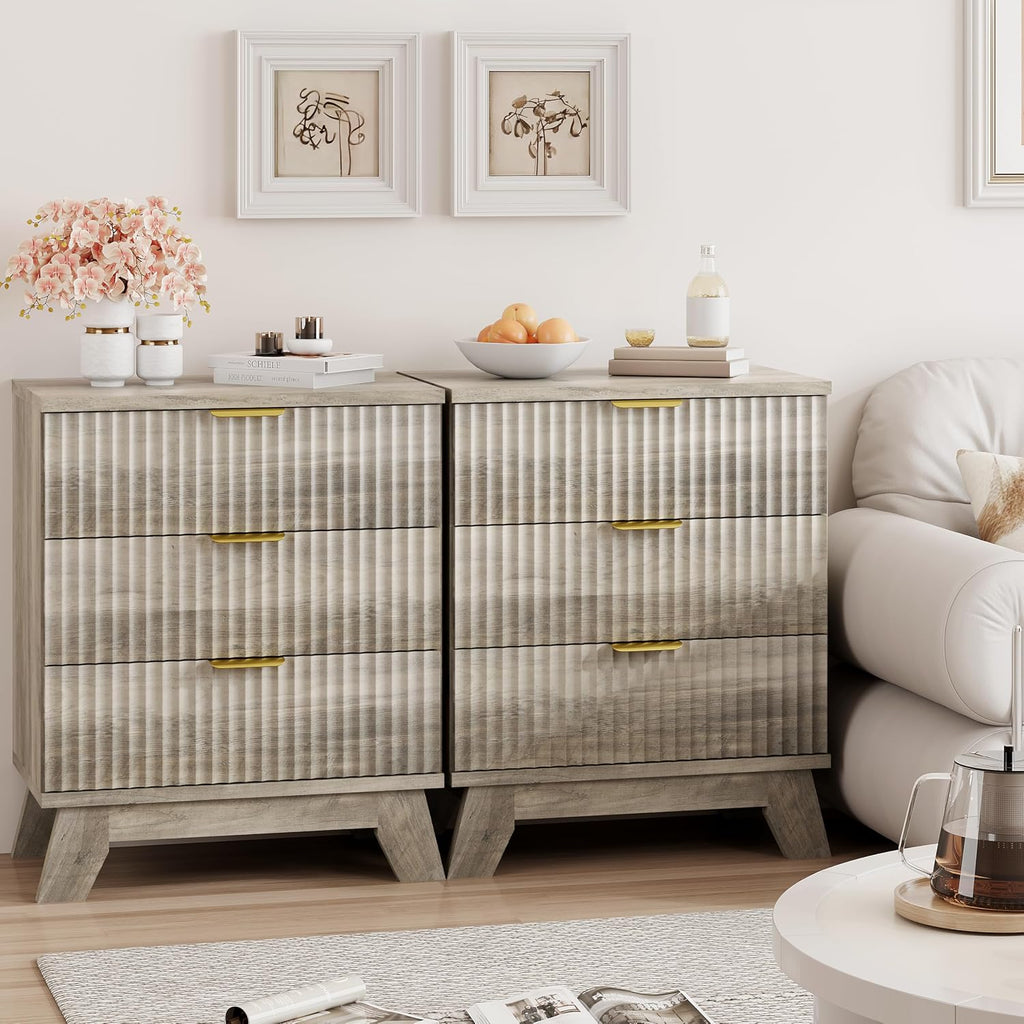 Fluted Nightstand, 24' Wide Side Table with 3 Large Storage Drawers, Mid Century Modern Wood Night Stand with Metal Handle, Wooden Bedside End Table for Bedroom, Living Room, Closet, Grey