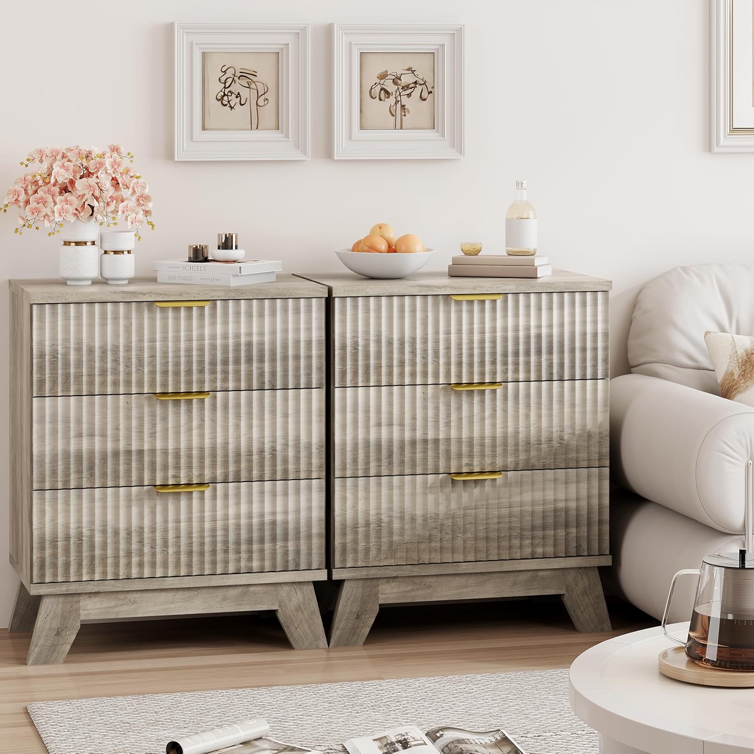 Fluted Nightstand, 24' Wide Side Table with 3 Large Storage Drawers, Mid Century Modern Wood Night Stand with Metal Handle, Wooden Bedside End Table for Bedroom, Living Room, Closet, Grey