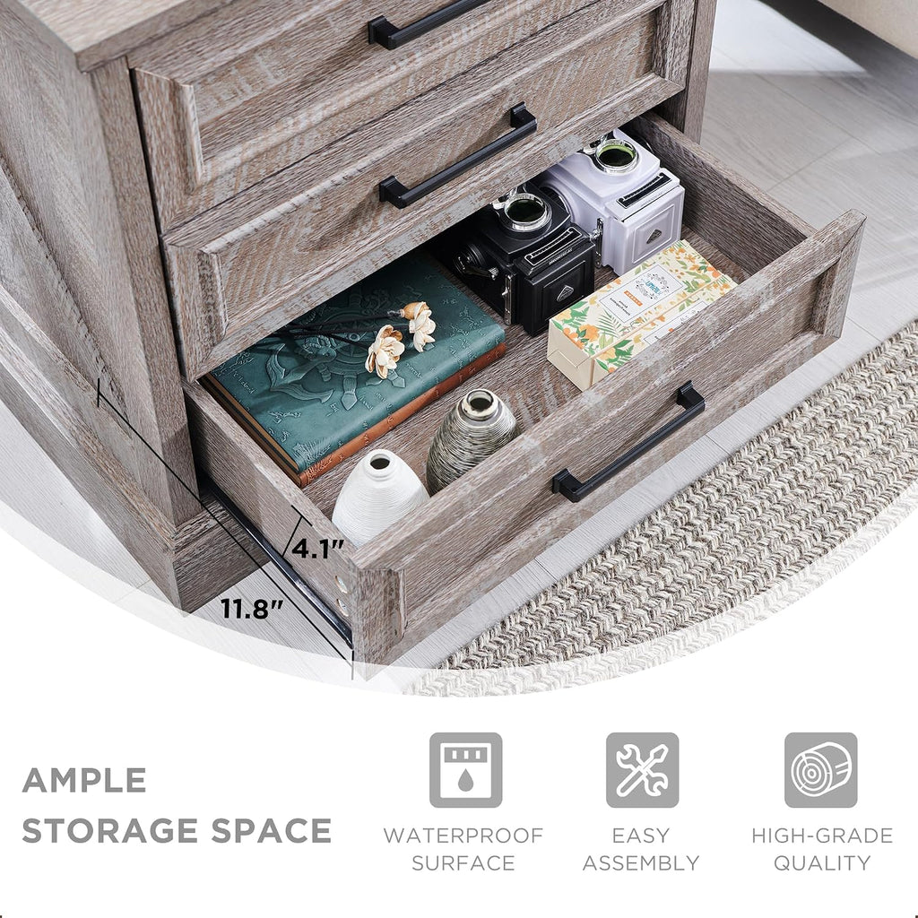 ACCOHOHO Farmhouse Nightstands Set of 2, 22 Inch Wide End Table with Charging Station & 3 Large Drawers, Rustic Wood Small Dresser Chest of Drawers for Bedroom, Living Room, Grey