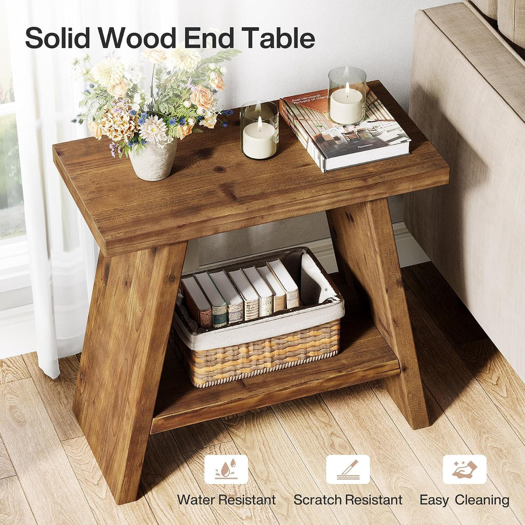 Solid Wood End Table for Living Room Set of 2, Narrow Small Side Table with 2-Tier Storage, Farmhouse Bedside Nightstand for Bedroom, Small Places, Rustic Brown (2 PCS)