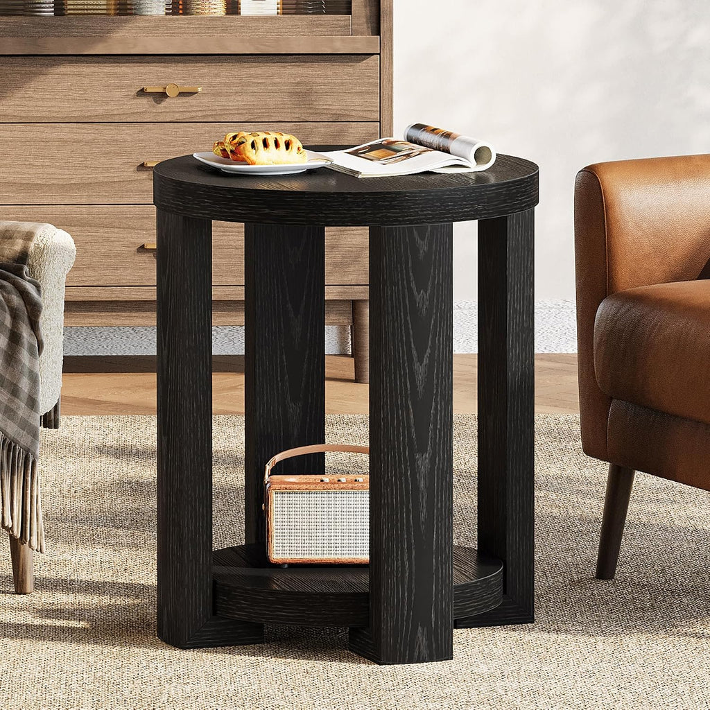 Tribesigns Round Side Table, 2-Tier End Table for Living Room & Bedroom, Small Accent Table with Storage Shelf (2, Black)