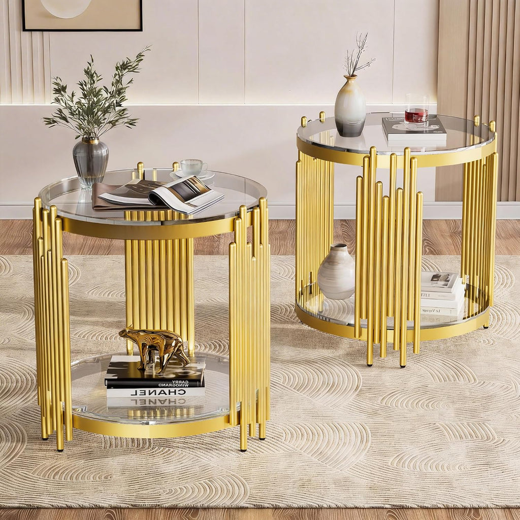 Luxury Gold Round Glass End Table Set of 2, 19.7' Modern Side Table with Stainless Steel Irregular Leg Clear Tempered Glass Tabletop, Accent Furniture for Living Room, Clear