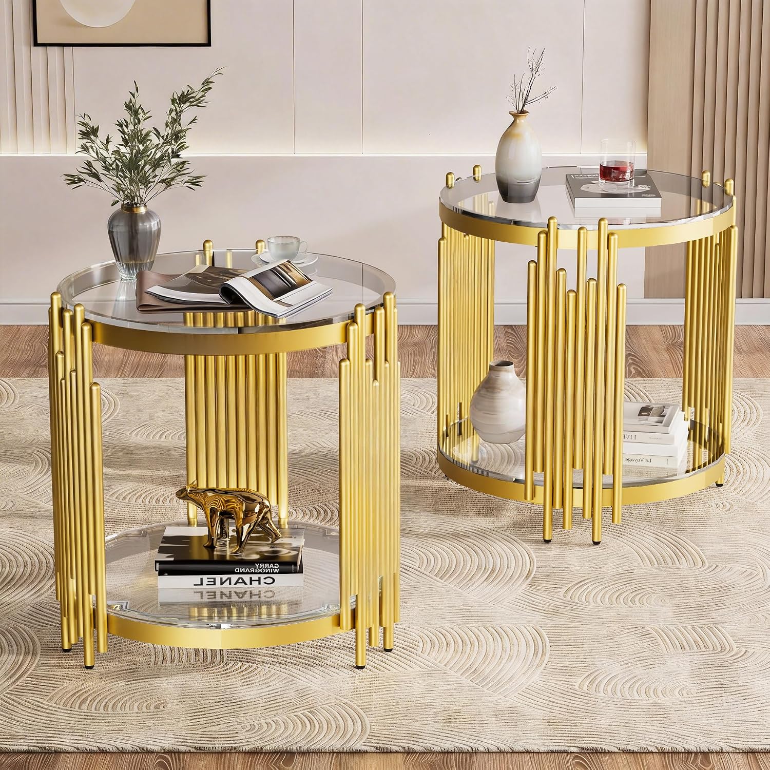 Luxury Gold Round Glass End Table Set of 2, 19.7' Modern Side Table with Stainless Steel Irregular Leg Clear Tempered Glass Tabletop, Accent Furniture for Living Room, Clear