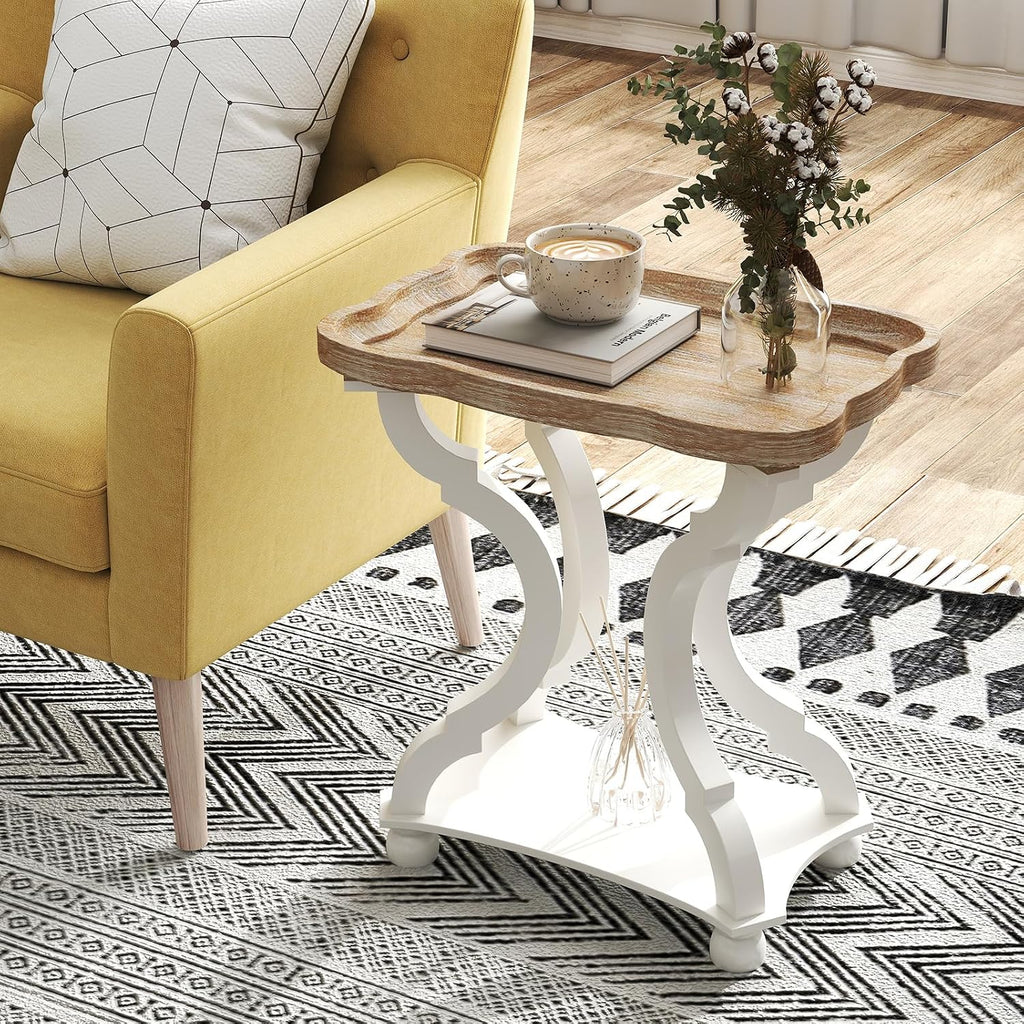 kinbor Farmhouse Side Table - Set of 2 Rustic End Table with an Open Shelf & Raised Edge, Accent Table with Solid Wood Legs - Perfect for Living Room, Bedroom, Entryway, White