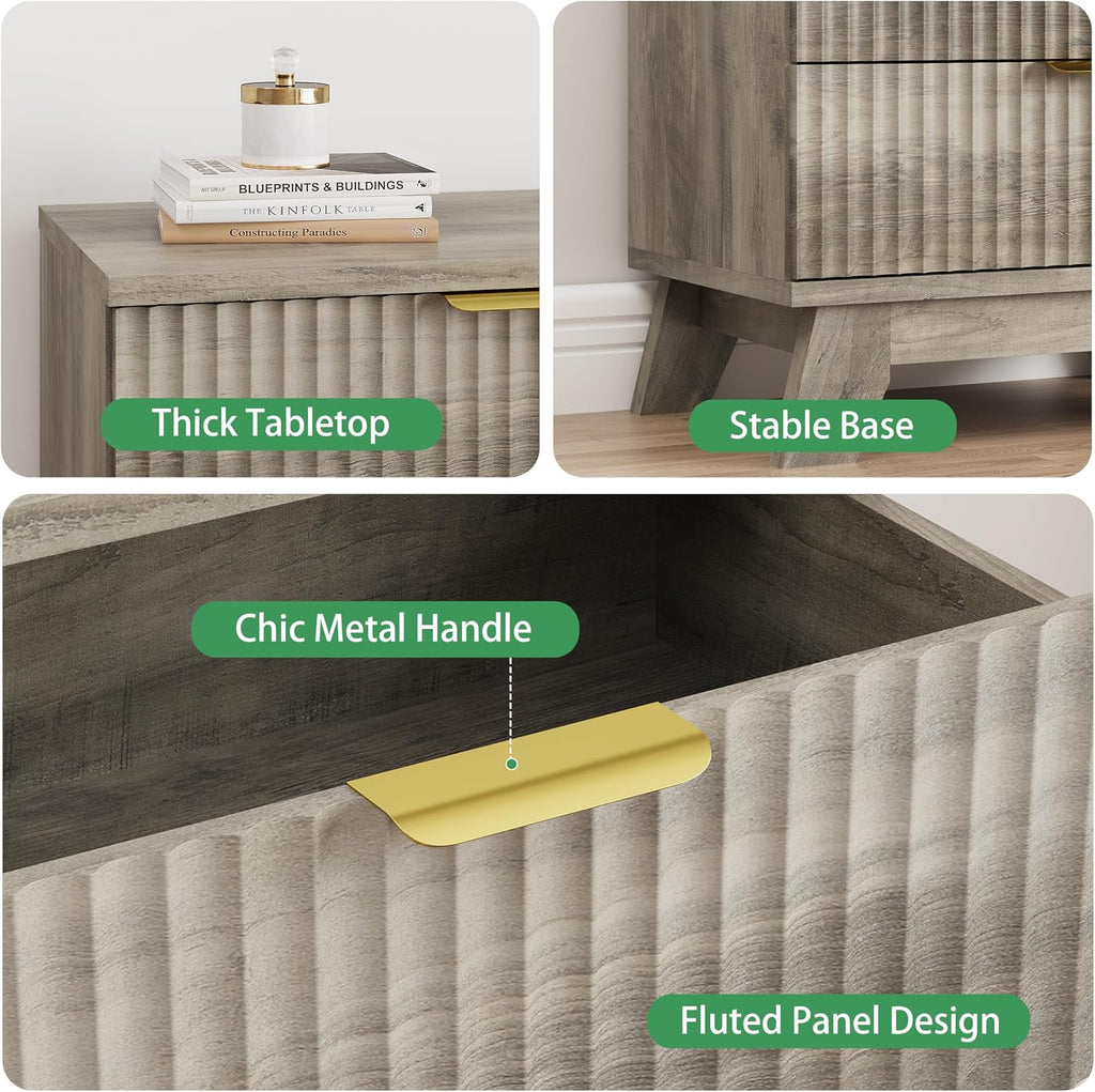 Fluted Nightstand, 24' Wide Side Table with 3 Large Storage Drawers, Mid Century Modern Wood Night Stand with Metal Handle, Wooden Bedside End Table for Bedroom, Living Room, Closet, Grey