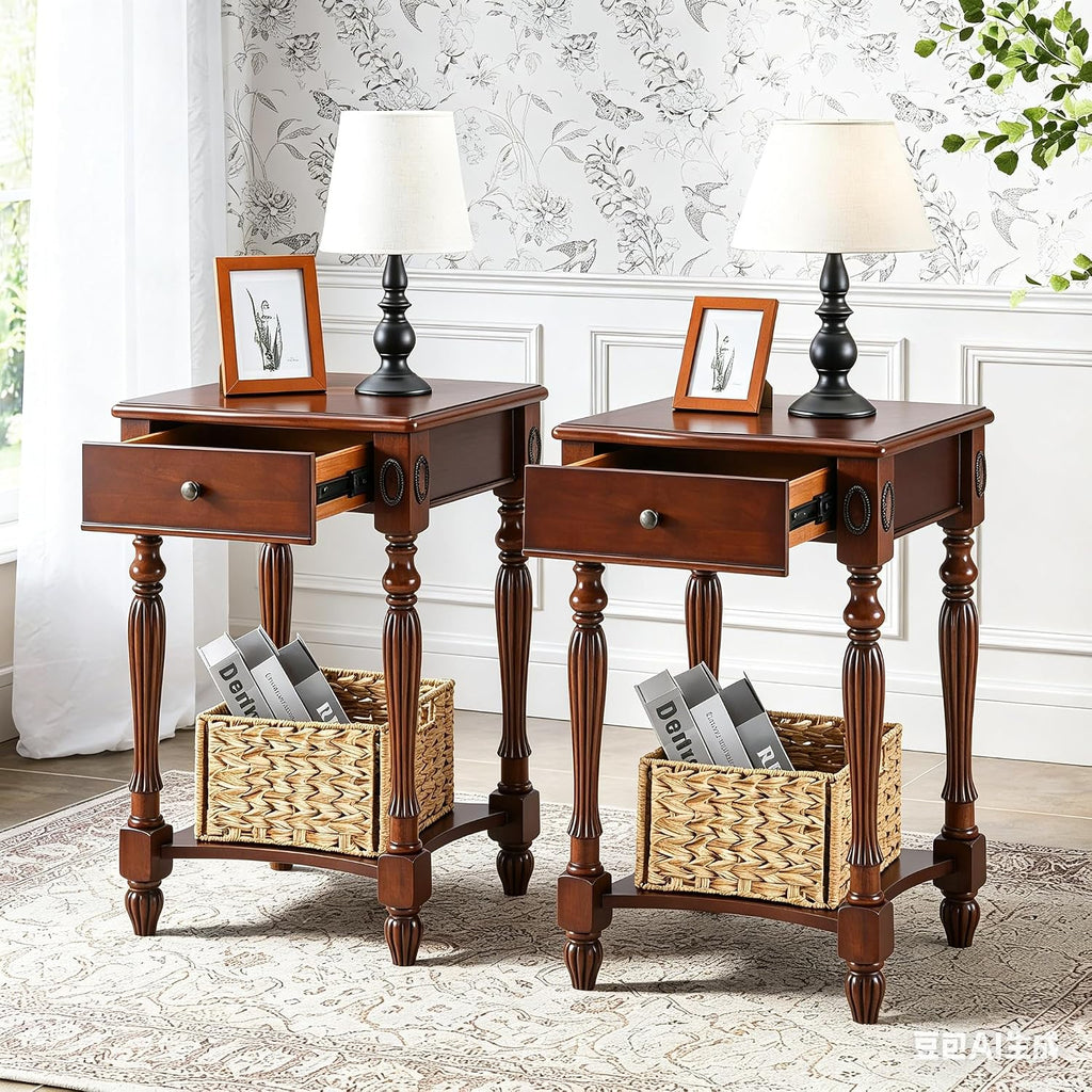 Narrow End Side Table with Drawer and Storage Shelf Set of 2, Sofa Beside Table,No-Tools Assembly Antique Wood Nightstand for Living Room,Small Space, 27.6'H x 19.7'L x 15.7'W Cherry Walnut GBJ1533WD