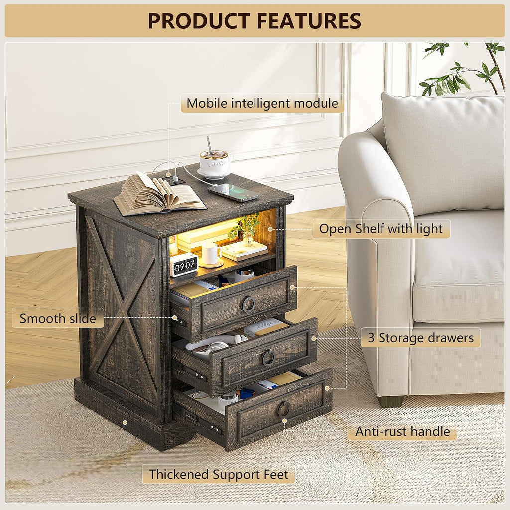 Nightstand Set 2 with Charging Station, Farmhouse End Side Table with 3 Drawers and Open Storage, Smart Bedside Table with LED Light & Human Sensor for Bedroom,Brown,Chest