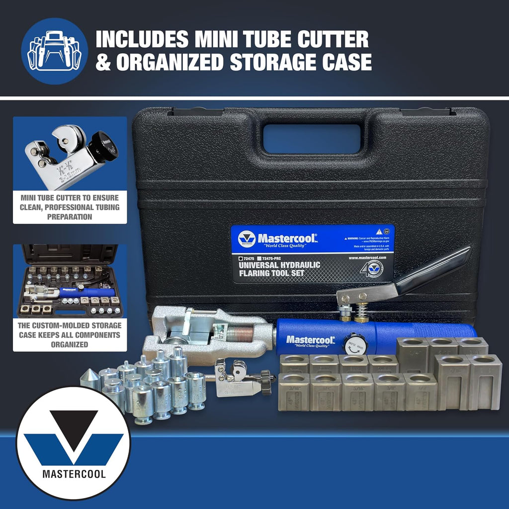 Mastercool 72475-PRC Universal Hydraulic Flaring Tool Set – Patented Design – 45° Double & Single Flares, Push Connect, GM Fuel Line, Brake Line – Includes Hydraulic Ram & Mini Tube Cutter
