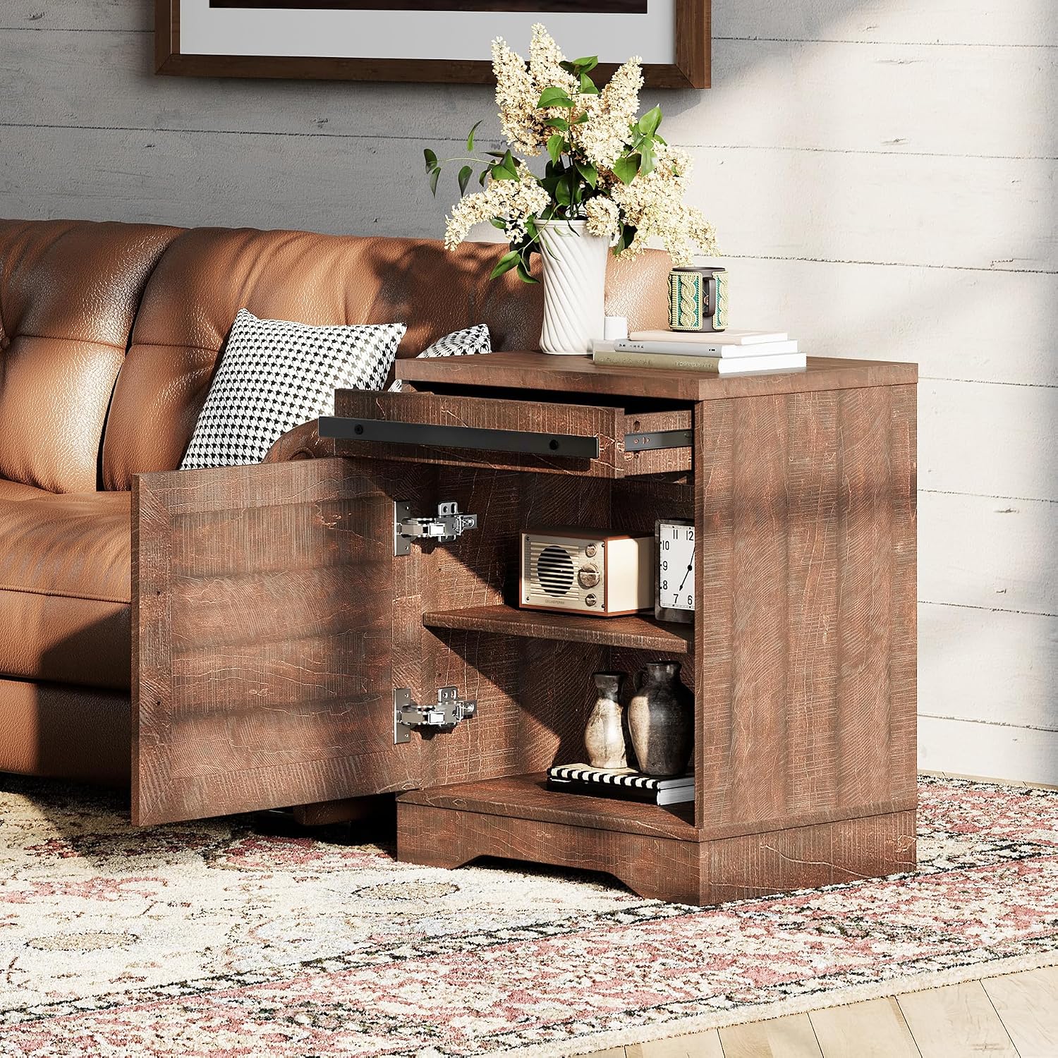 WAMPAT 24.3' H End Table Set of 2 with Drawer and Barn Door Cabinet for Living Room, Modern Farmhouse Tall Nightstand Set with Adjustable Storage Shelves for Bedside, Rustic Brown